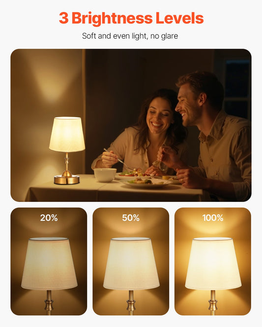 Gold Cordless Table Lamp with Rechargeable 5200mAh Battery, 3-Level Brightness, Fabric Shade, 2700-3000K for Home & Restaurant Decor