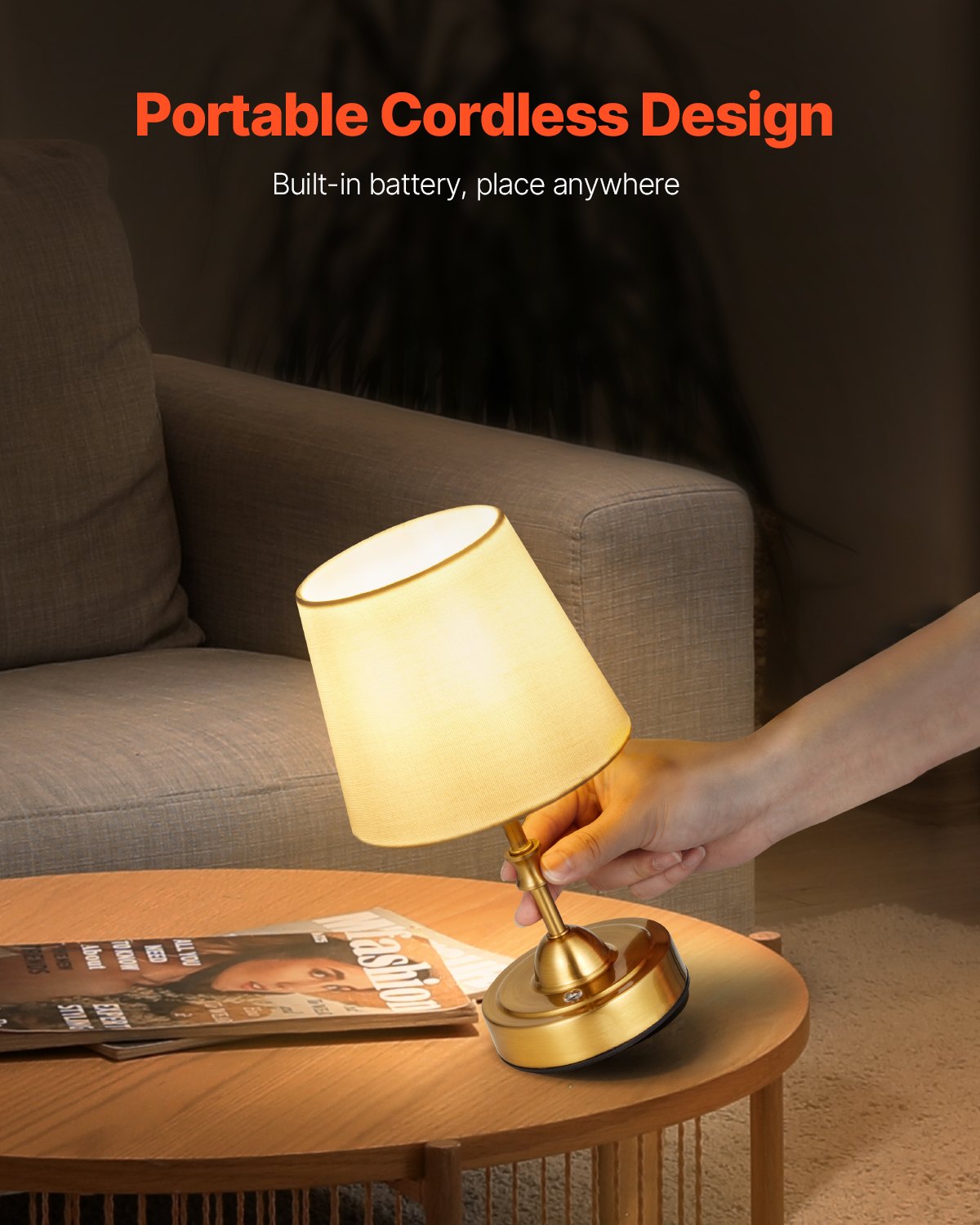 Gold Cordless Table Lamp with Rechargeable 5200mAh Battery, 3-Level Brightness, Fabric Shade, 2700-3000K for Home & Restaurant Decor