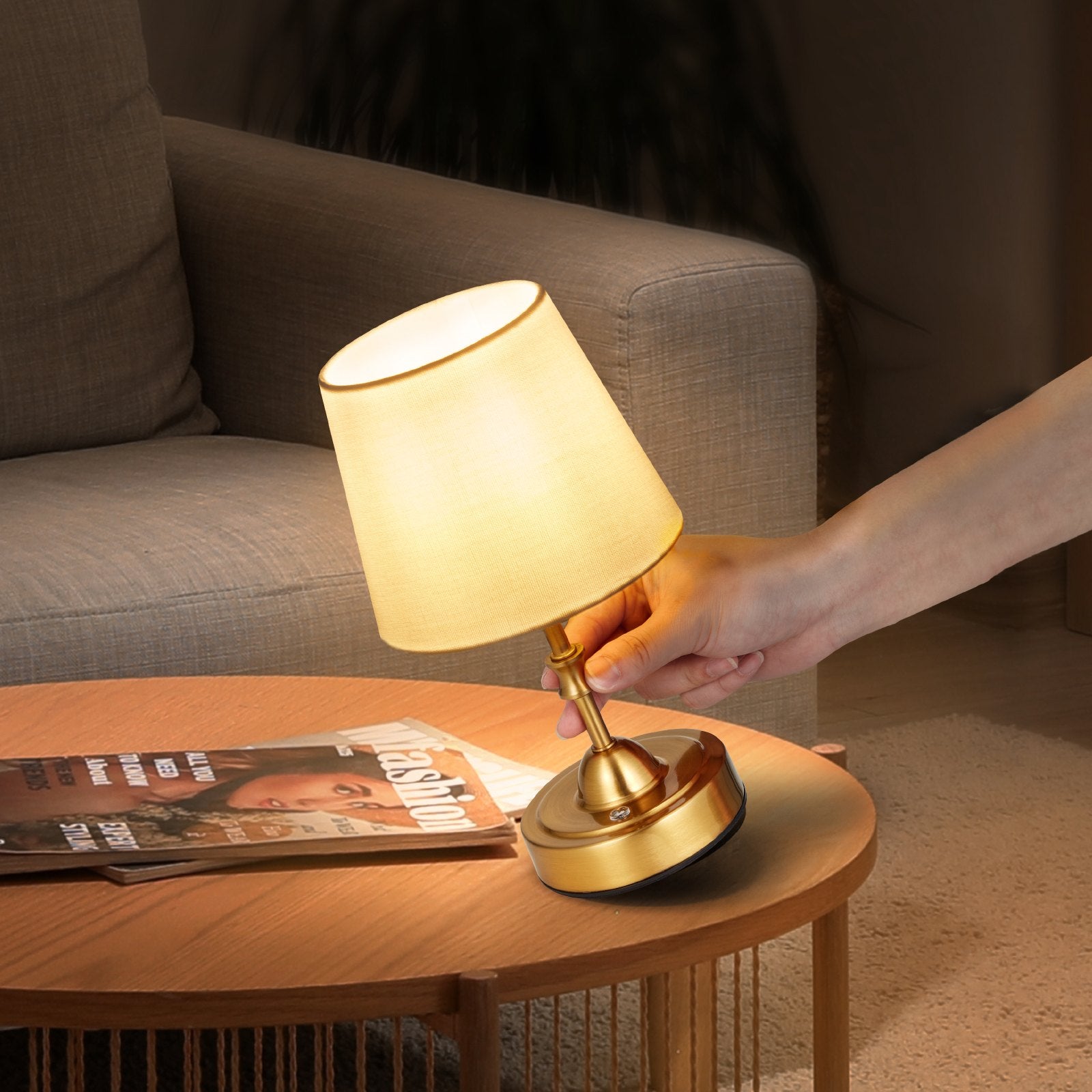 Gold Cordless Table Lamp with Rechargeable 5200mAh Battery, 3-Level Brightness, Fabric Shade, 2700-3000K for Home & Restaurant Decor