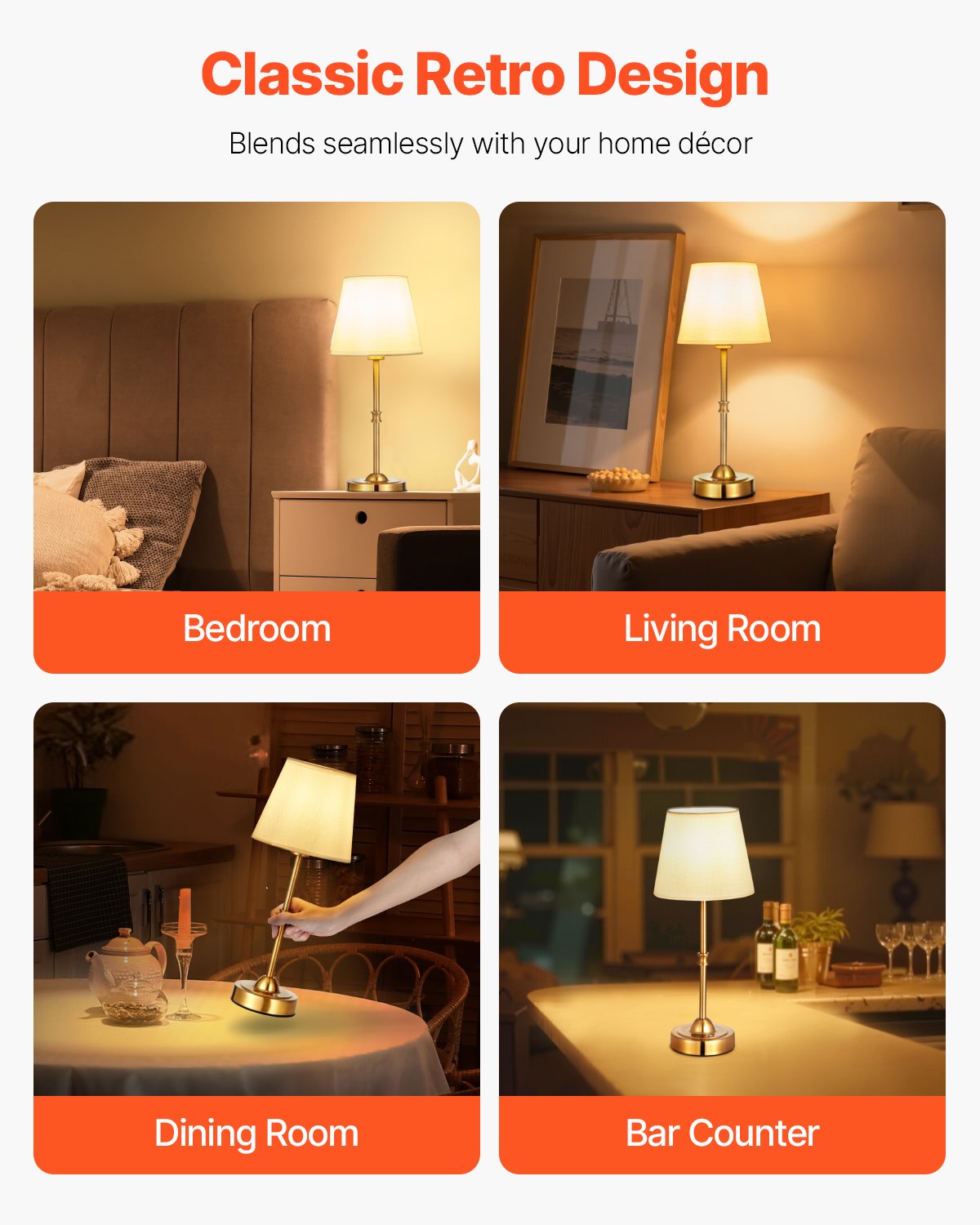 Gold Cordless Table Lamp with 5200mAh Rechargeable Battery, 3-Level Brightness, Fabric Shade for Bedroom, Bar, Restaurant Lighting