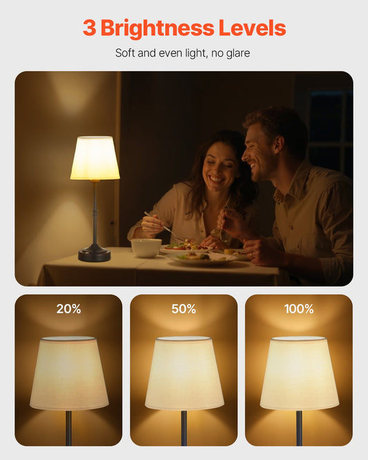 Cordless Rechargeable Table Lamp with 5200mAh Battery, 3-Level Brightness & Fabric Shade, Ideal for Restaurants, Bedrooms & Bars, 2700-3000K Warm Light