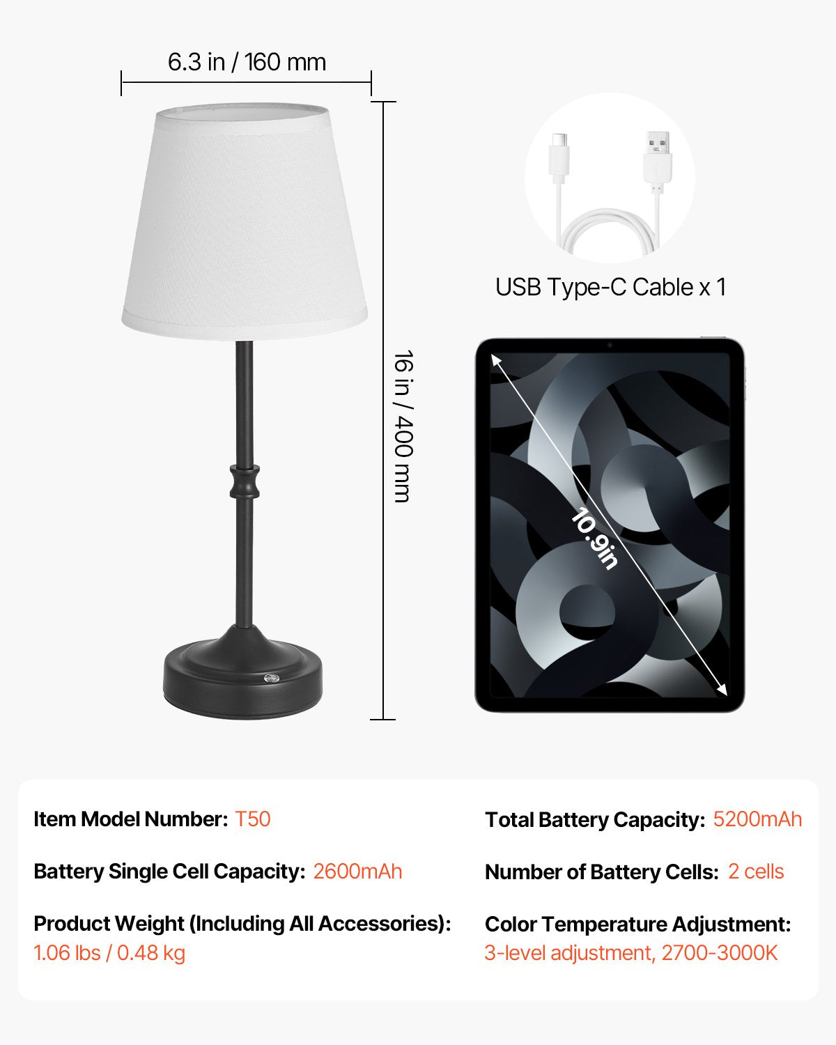 Cordless Rechargeable Table Lamp with 5200mAh Battery, 3-Level Brightness & Fabric Shade, Ideal for Restaurants, Bedrooms & Bars, 2700-3000K Warm Light