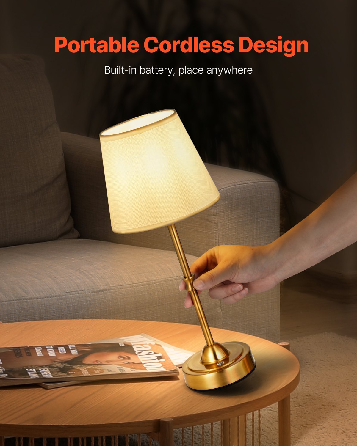 Gold Cordless Table Lamp Set of 2 - Rechargeable 5200mAh Battery, 3-Level Brightness, Fabric Shade, 2700-3000K for Home & Restaurant Decor