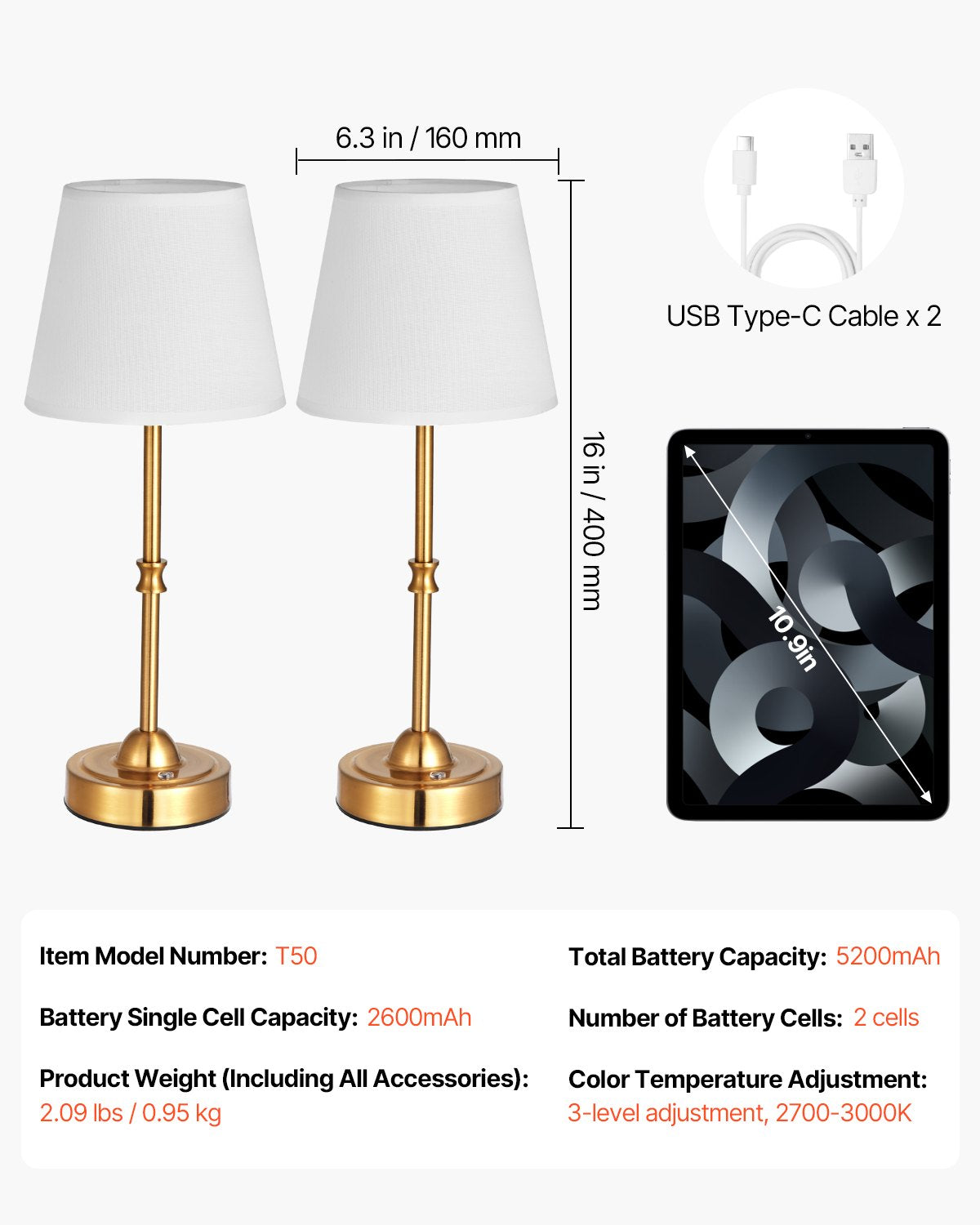 Gold Cordless Table Lamp Set of 2 - Rechargeable 5200mAh Battery, 3-Level Brightness, Fabric Shade, 2700-3000K for Home & Restaurant Decor