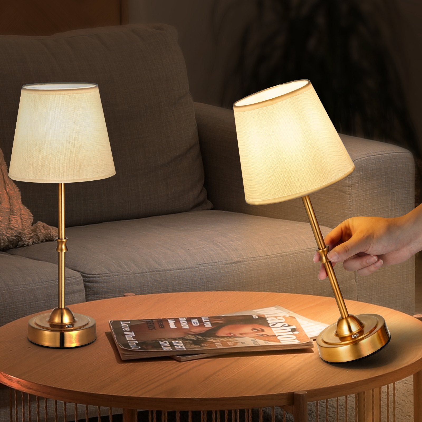 Gold Cordless Table Lamp Set of 2 - Rechargeable 5200mAh Battery, 3-Level Brightness, Fabric Shade, 2700-3000K for Home & Restaurant Decor