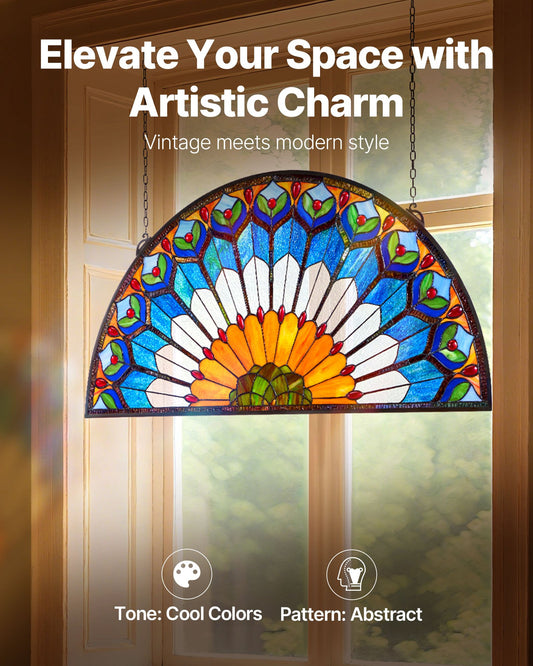 Large Vintage Tiffany Style Stained Glass Window Panel, Half-Round Transom with Chain for Kitchen and Home Decor, 36 x 18 in
