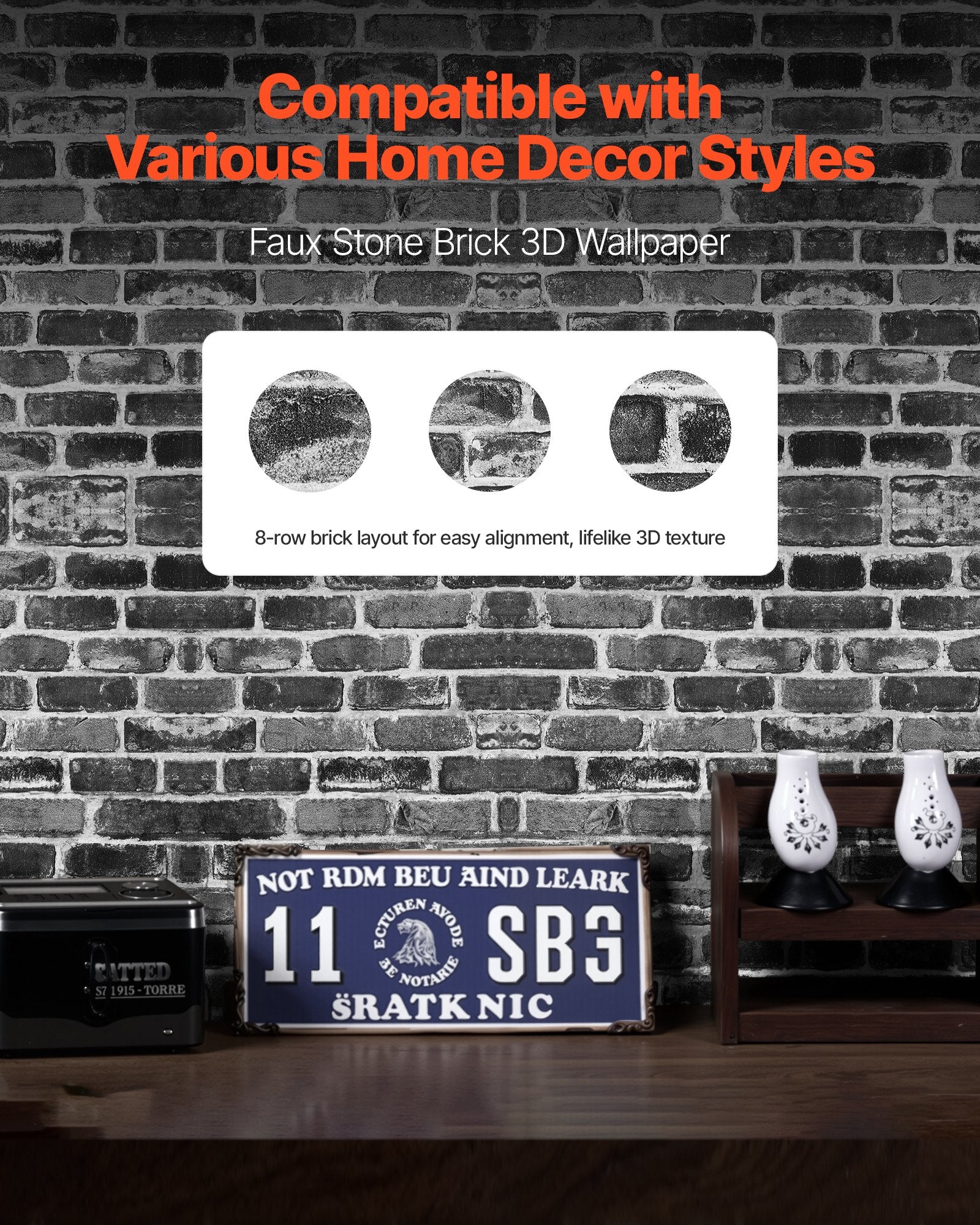 Gray Brick Peel and Stick Wallpaper - Waterproof, Self-Adhesive Vinyl for Easy Wall Decor in Bedroom, Kitchen, Bathroom, Office, Desk Surfaces