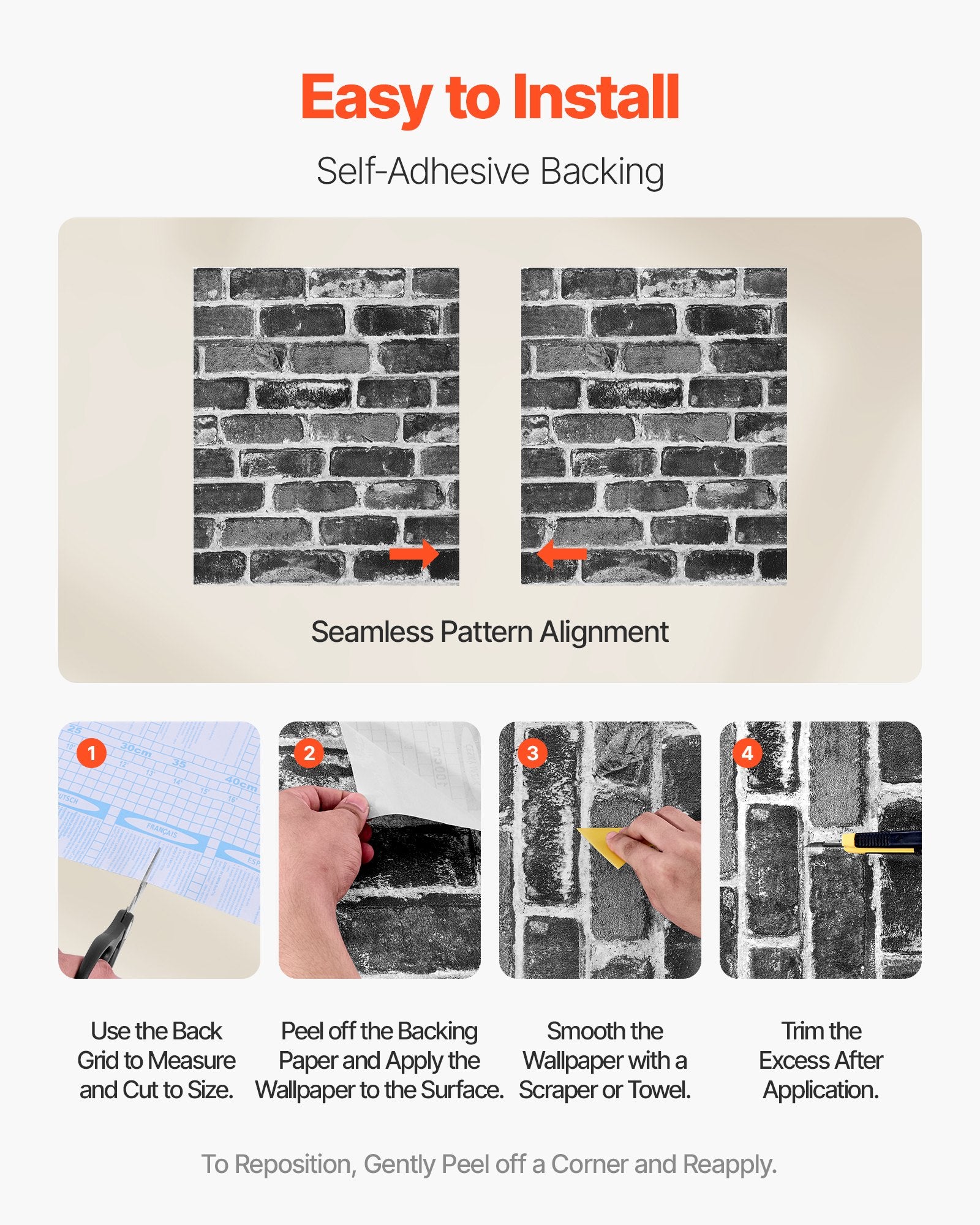 Gray Brick Peel and Stick Wallpaper - Waterproof, Self-Adhesive Vinyl for Easy Wall Decor in Bedroom, Kitchen, Bathroom, Office, Desk Surfaces
