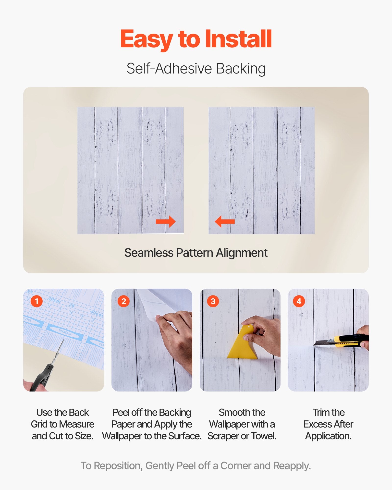 Self-Adhesive White Wood Texture Wallpaper - Waterproof Vinyl Roll for Bedroom, Kitchen, Bathroom, Office, Easy to Clean and Apply, 17.7" x 472.4"