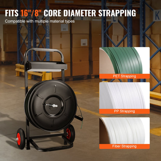Heavy Duty Strapping Cart for PET/PP/Fiber Coils: 8" Core, Anti-Retreat Pulleys, Enhanced Brake, All-Steel Frame, Large Tool Tray