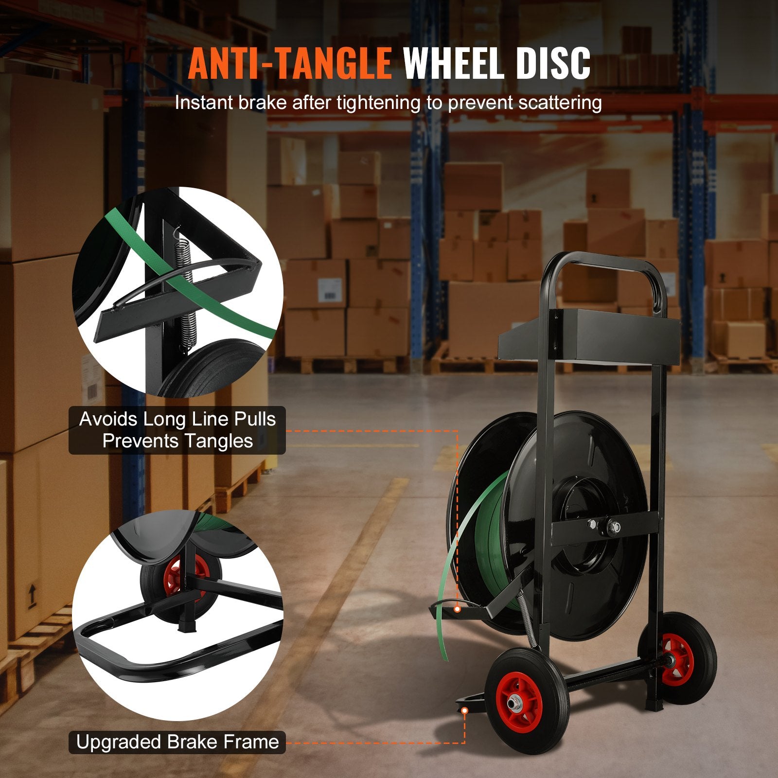 Heavy Duty Strapping Cart for PET/PP/Fiber Coils: 8" Core, Anti-Retreat Pulleys, Enhanced Brake, All-Steel Frame, Large Tool Tray