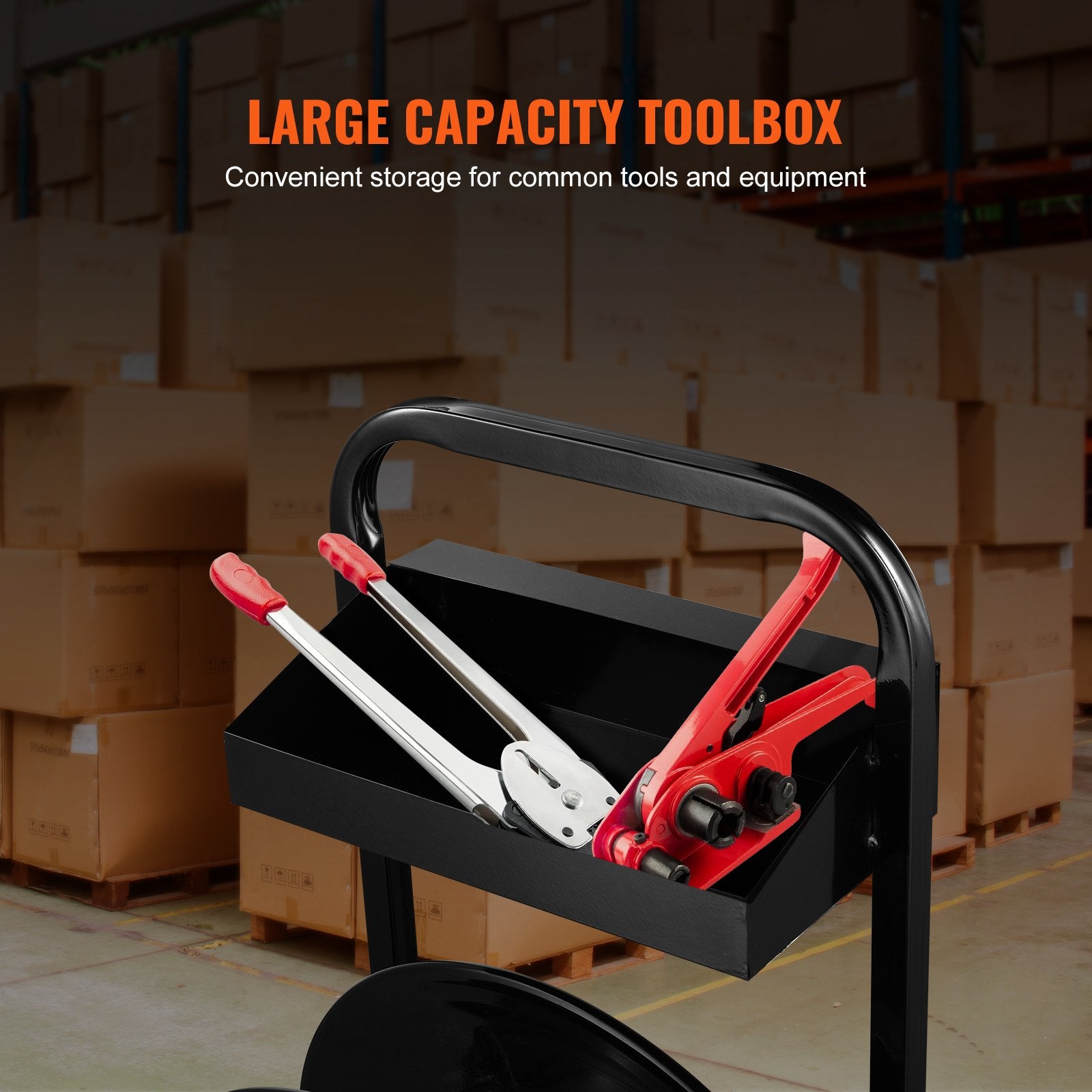 Heavy Duty Strapping Cart for PET/PP/Fiber Coils: 8" Core, Anti-Retreat Pulleys, Enhanced Brake, All-Steel Frame, Large Tool Tray