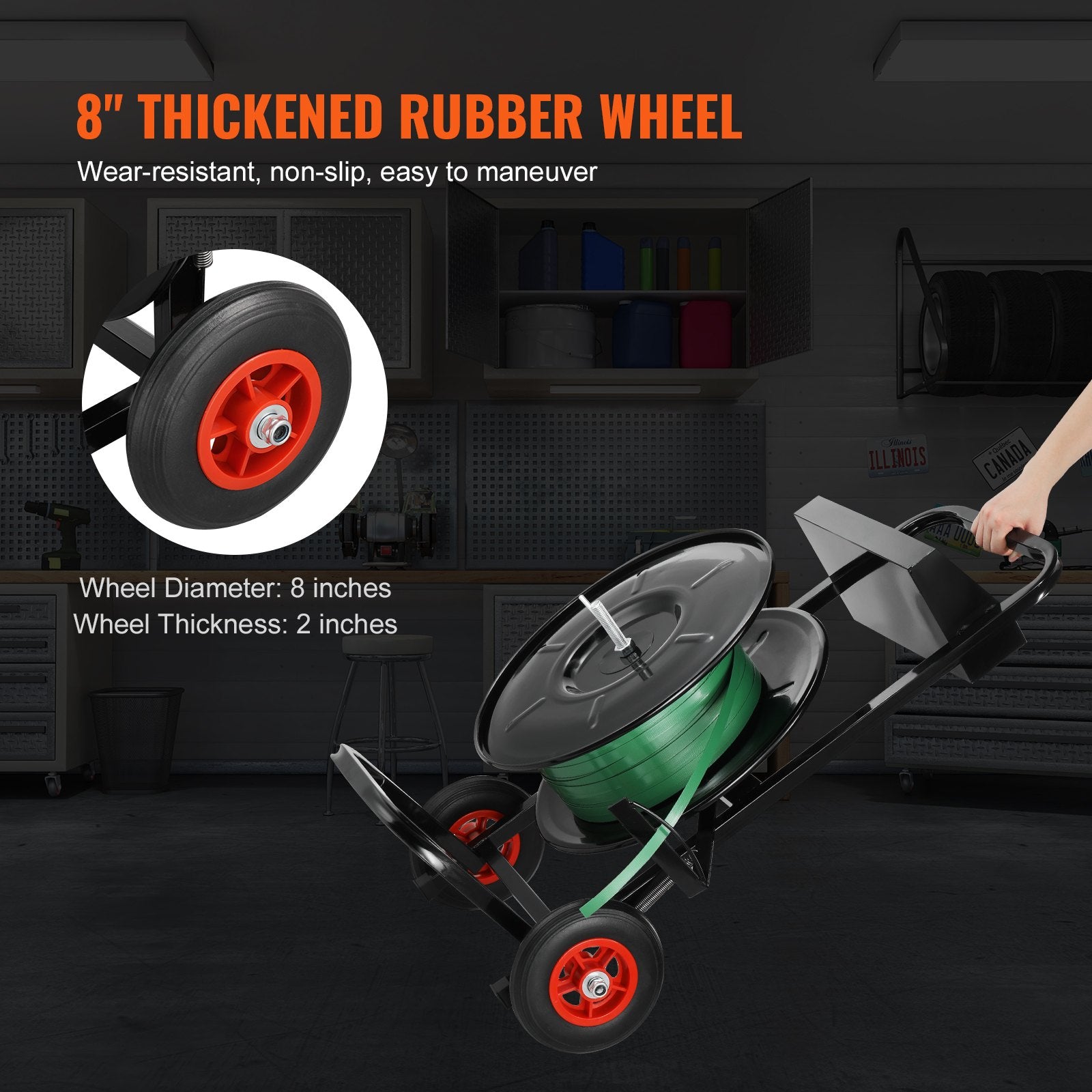 Heavy Duty Strapping Cart for PET/PP/Fiber Coils: 8" Core, Anti-Retreat Pulleys, Enhanced Brake, All-Steel Frame, Large Tool Tray