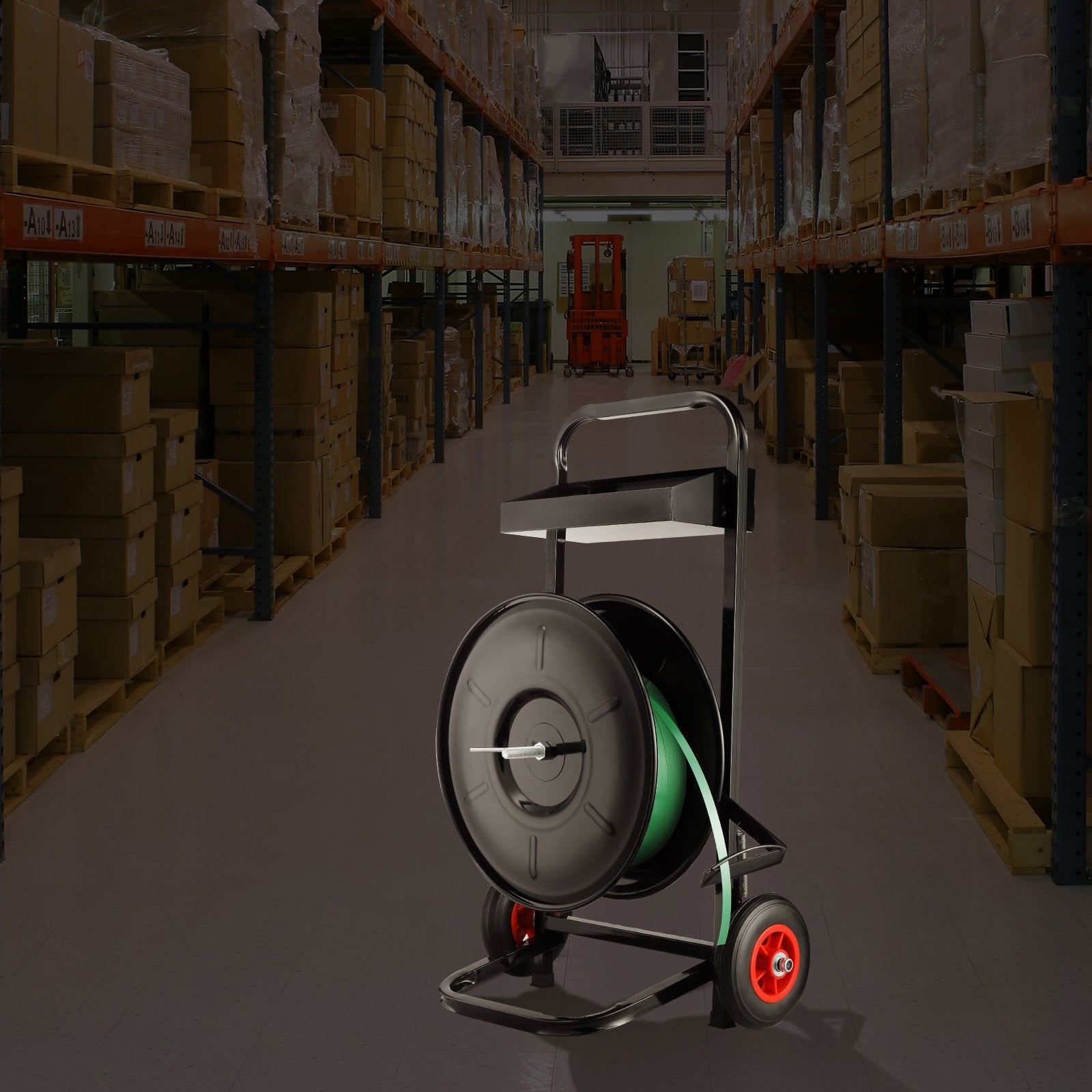 Heavy Duty Strapping Cart for PET/PP/Fiber Coils: 8" Core, Anti-Retreat Pulleys, Enhanced Brake, All-Steel Frame, Large Tool Tray
