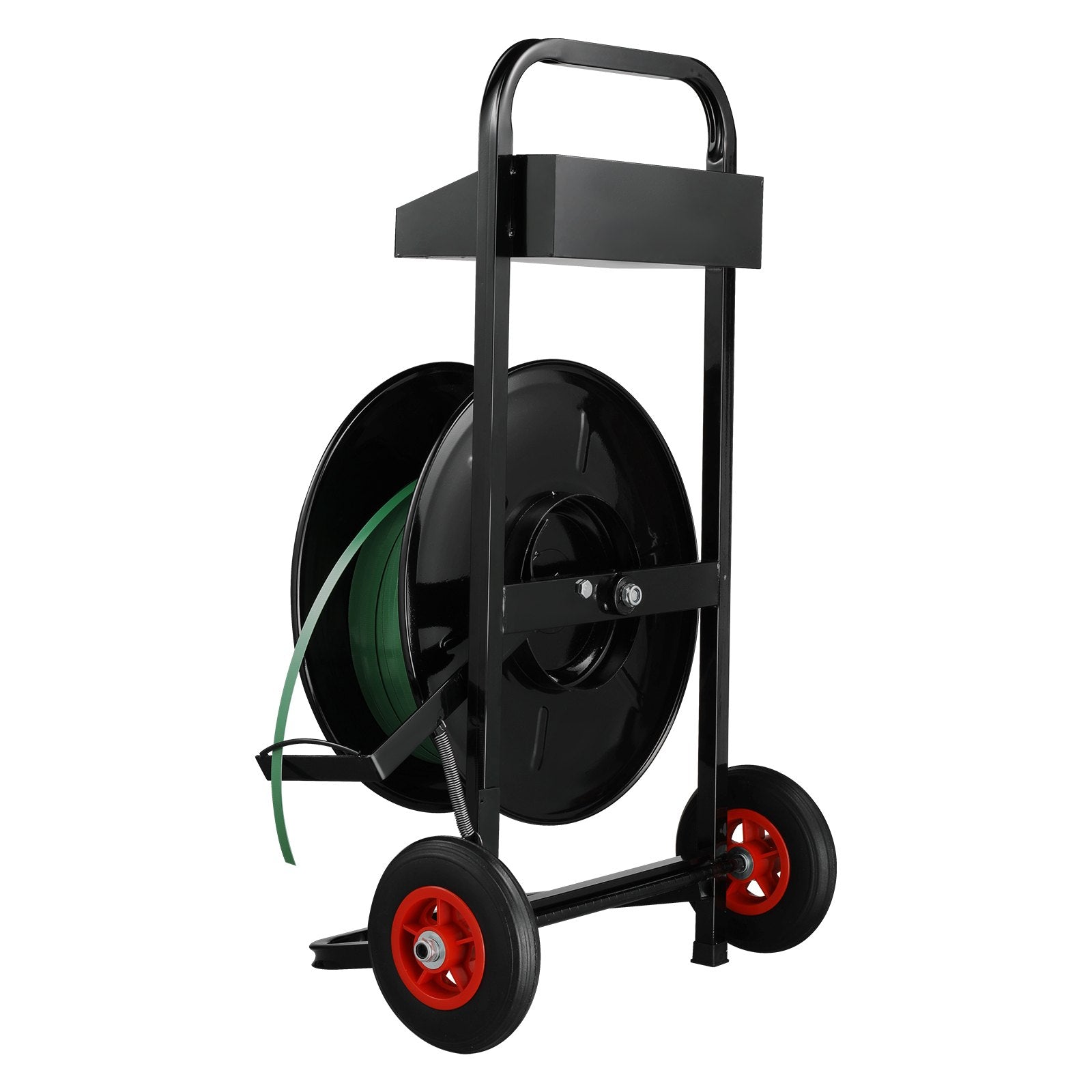Heavy Duty Strapping Cart for PET/PP/Fiber Coils: 8" Core, Anti-Retreat Pulleys, Enhanced Brake, All-Steel Frame, Large Tool Tray