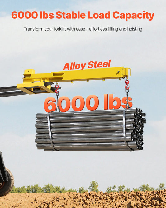 Heavy-Duty Forklift Jib Boom Crane - 6000lbs Capacity, Manual Telescoping Boom Extends 56.1", Mobile Crane Attachment with 2 Hooks, Adjustable for Warehouses and Factories