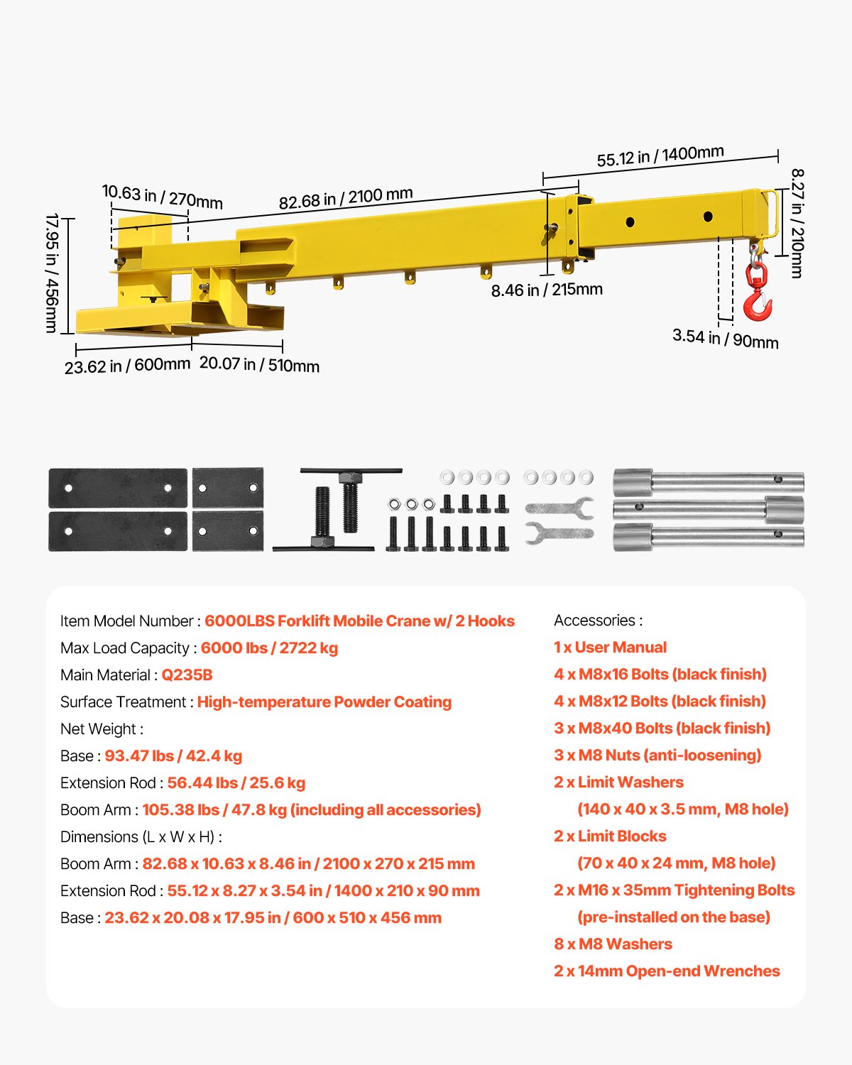 Heavy-Duty Forklift Jib Boom Crane - 6000lbs Capacity, Manual Telescoping Boom Extends 56.1", Mobile Crane Attachment with 2 Hooks, Adjustable for Warehouses and Factories