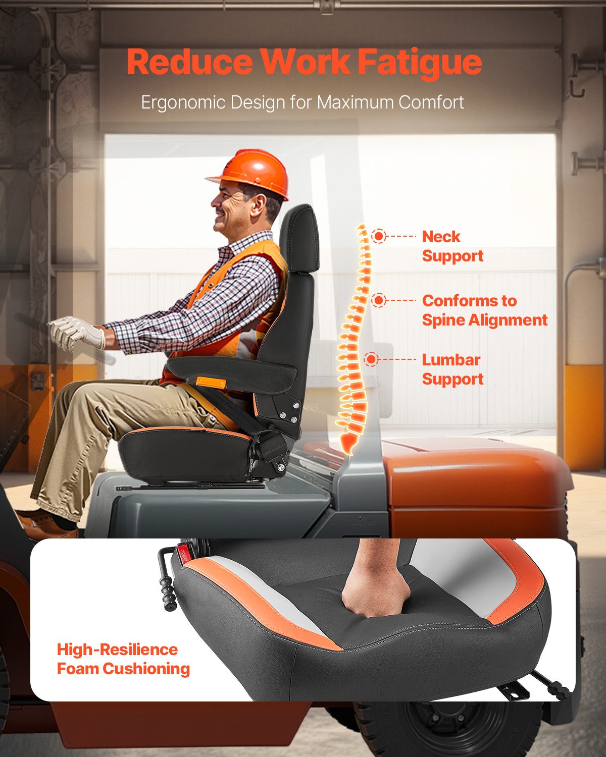 Universal Tractor & Forklift Seat with Adjustable Backrest, Armrest, Headrest & Safety Belt - Ergonomic, Secure, Versatile for Lawnmower, Skid Loader, Bulldozer
