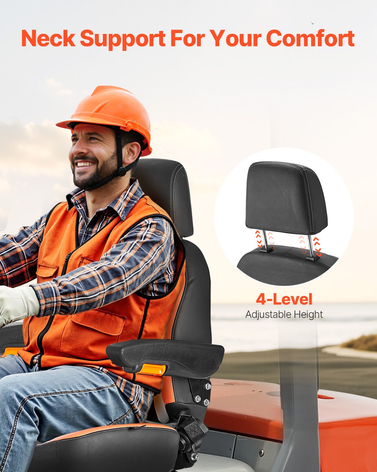 Universal Tractor & Forklift Seat with Adjustable Backrest, Armrest, Headrest & Safety Belt - Ergonomic, Secure, Versatile for Lawnmower, Skid Loader, Bulldozer