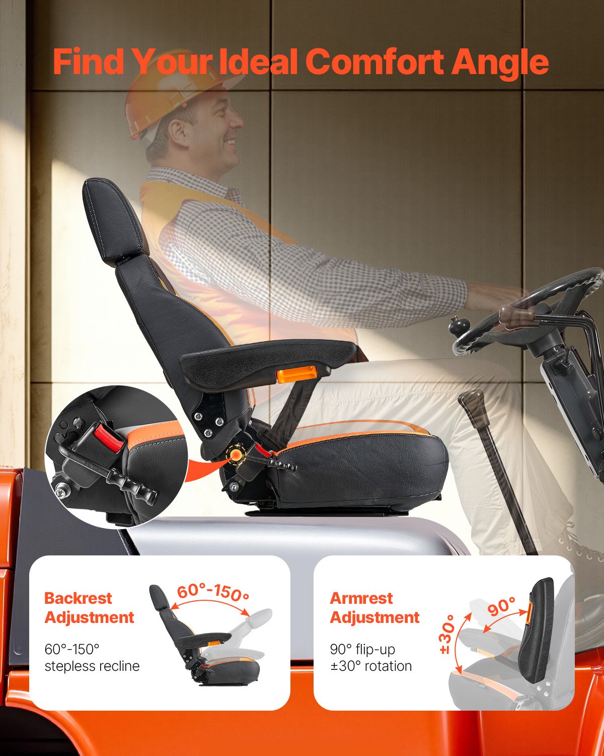 Universal Tractor & Forklift Seat with Adjustable Backrest, Armrest, Headrest & Safety Belt - Ergonomic, Secure, Versatile for Lawnmower, Skid Loader, Bulldozer