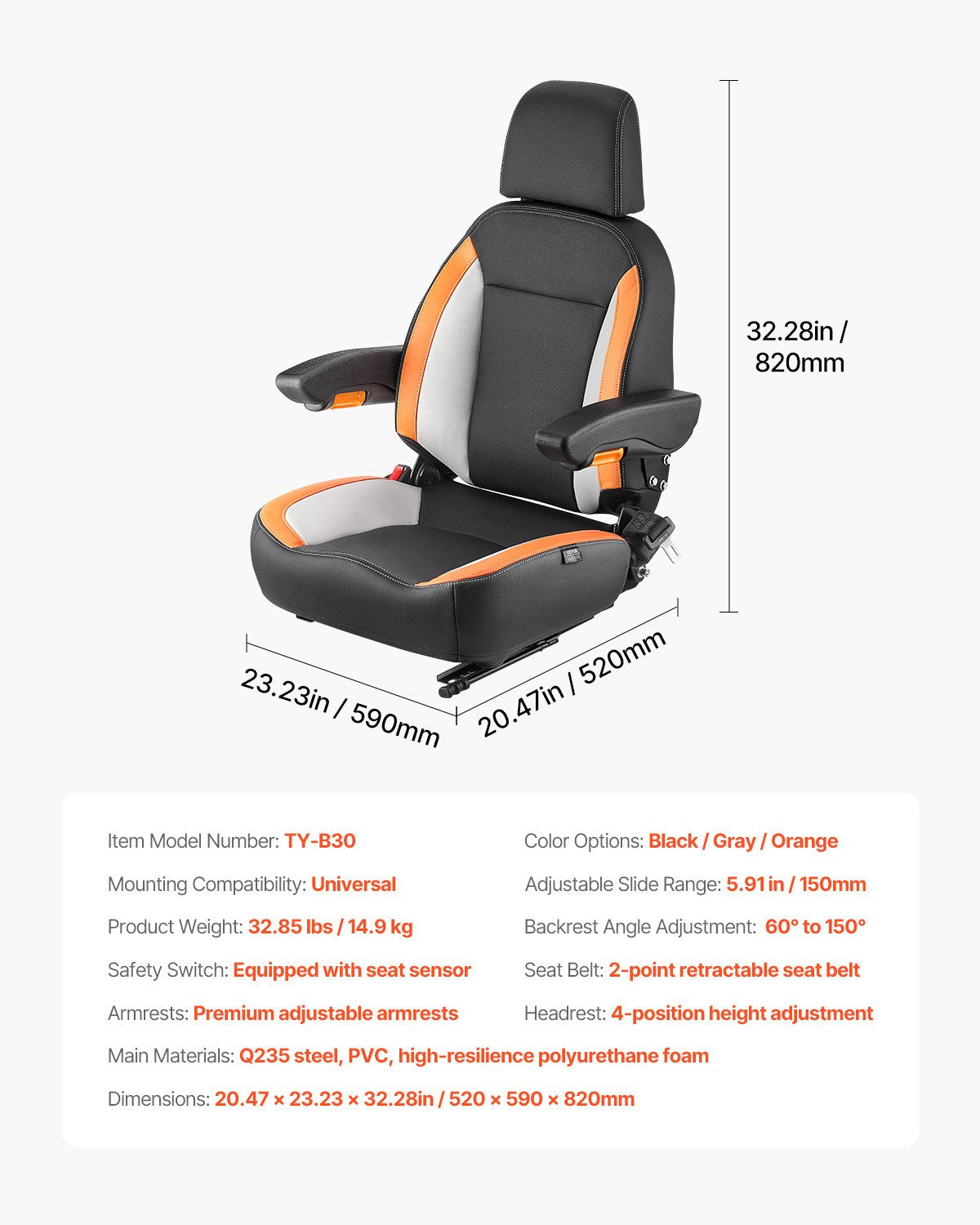 Universal Tractor & Forklift Seat with Adjustable Backrest, Armrest, Headrest & Safety Belt - Ergonomic, Secure, Versatile for Lawnmower, Skid Loader, Bulldozer