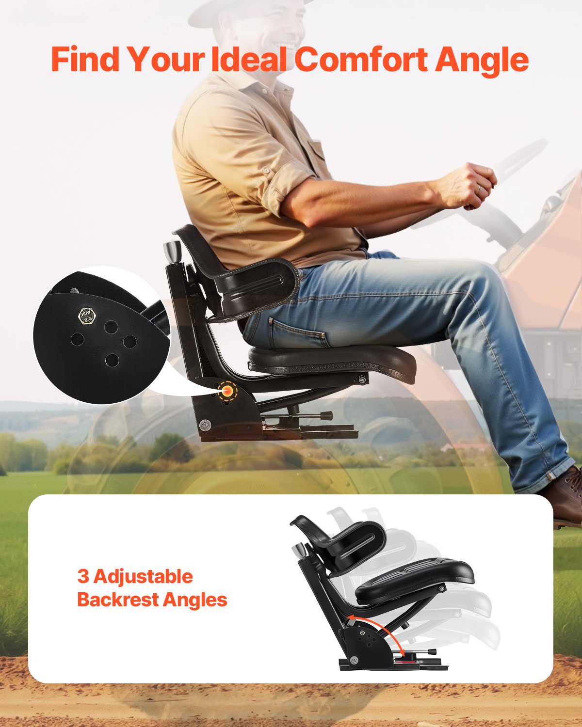 Universal Waterproof Forklift Tractor Seat with Adjustable Back and Suspension for Skid Loaders and Bulldozers, Durable and Versatile