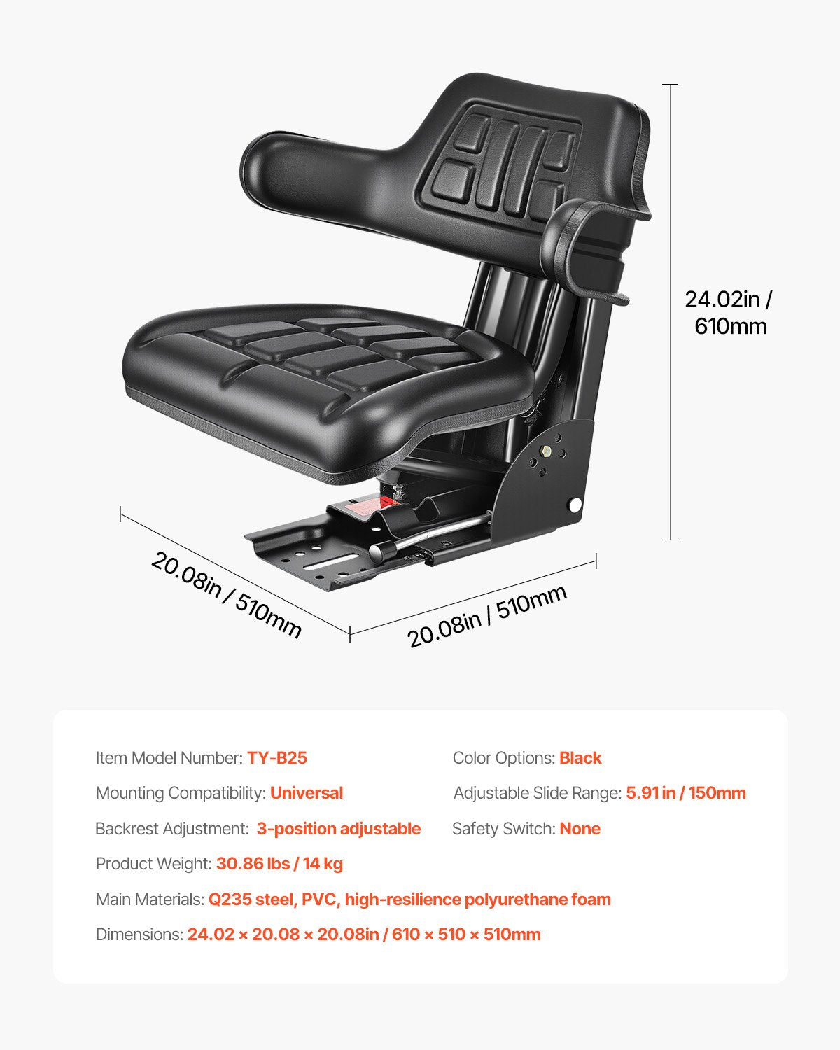 Universal Waterproof Forklift Tractor Seat with Adjustable Back and Suspension for Skid Loaders and Bulldozers, Durable and Versatile