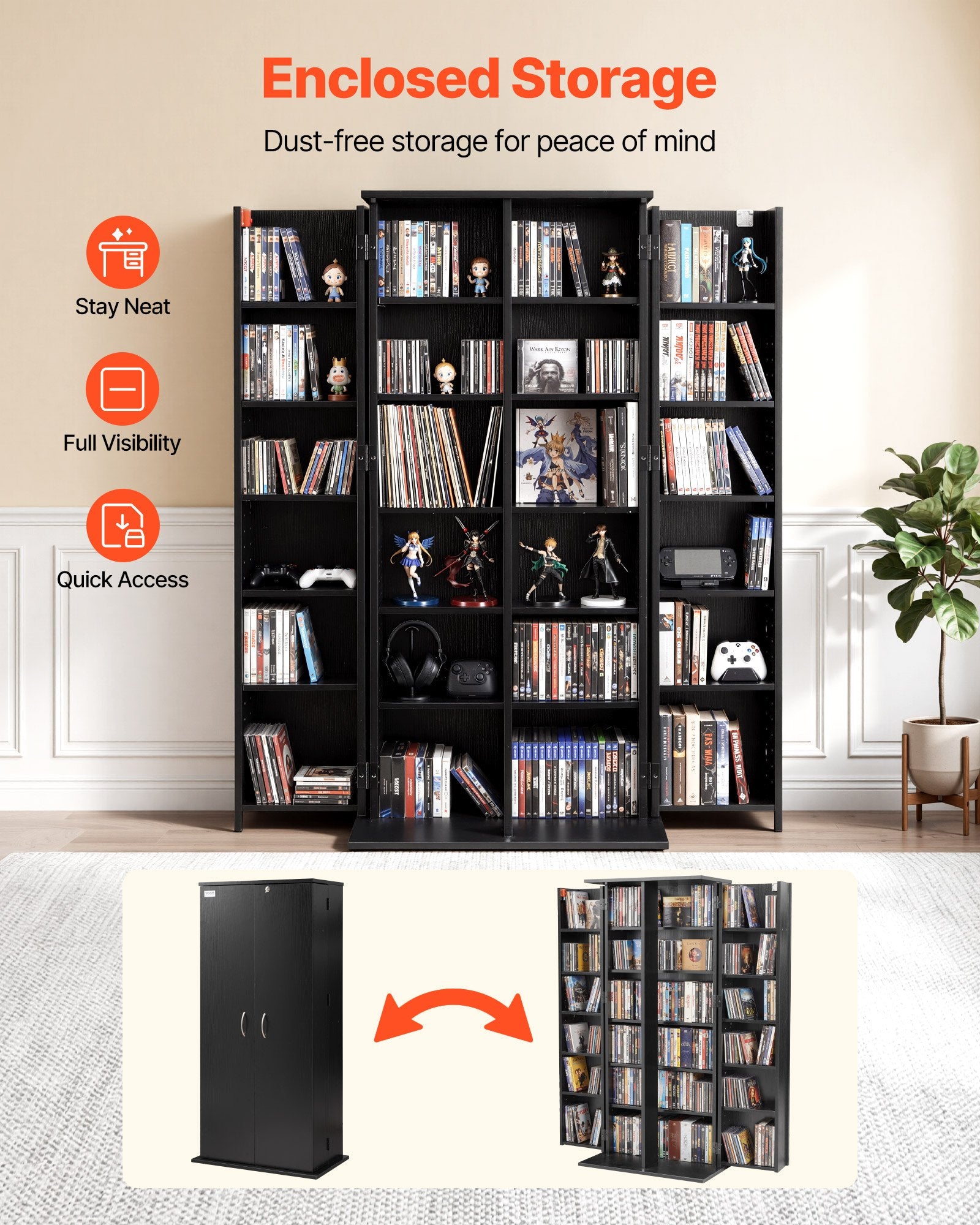 6-Tier Media Storage Cabinet: Black Multimedia Shelf Organizer for CDs, DVDs, Books & Games, Ideal for Living Room & Home Office, 50" Tall