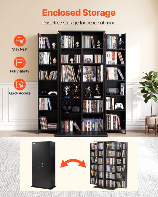 6-Tier Media Storage Cabinet: Black Multimedia Shelf Organizer for CDs, DVDs, Books & Games, Ideal for Living Room & Home Office, 50" Tall