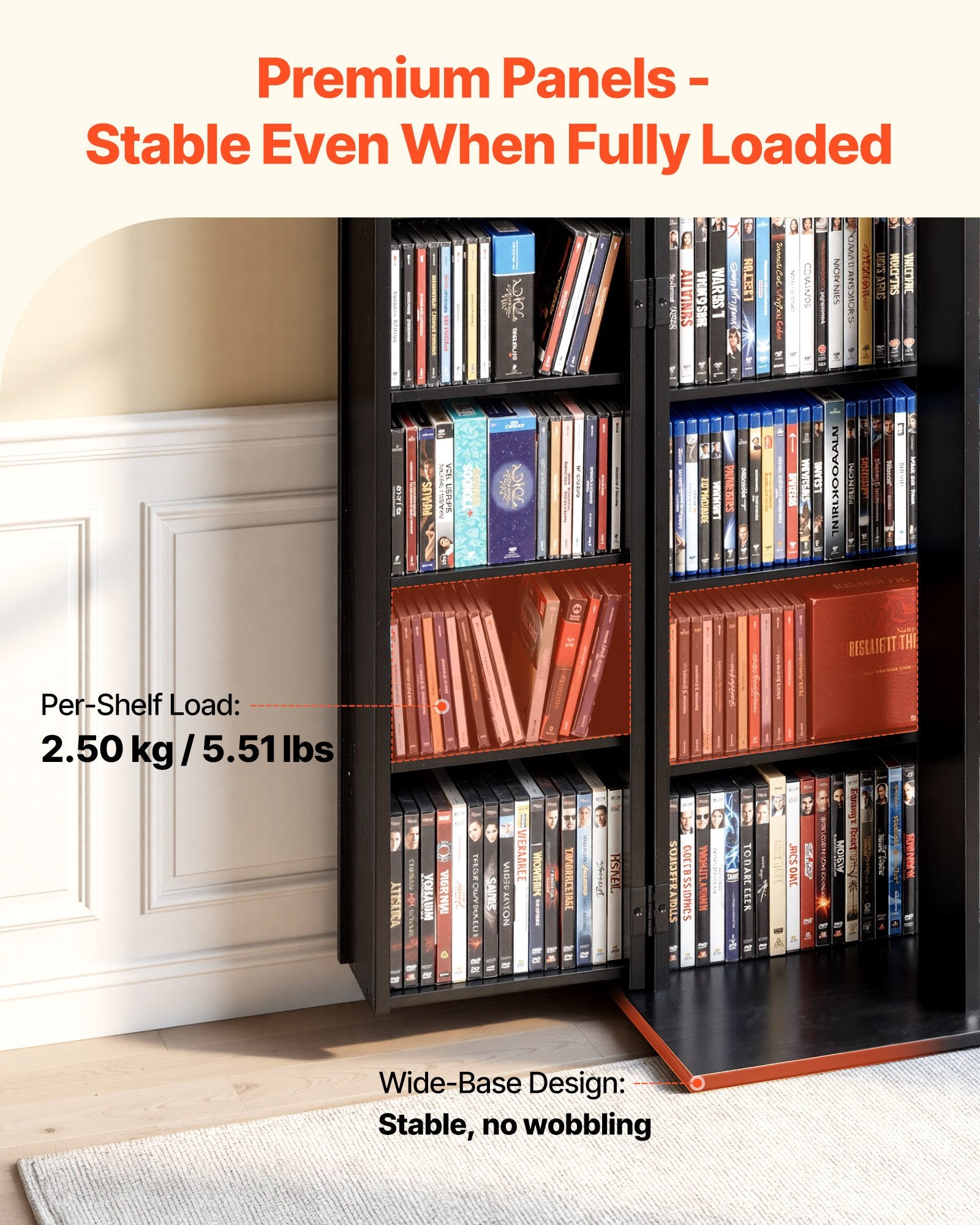 6-Tier Media Storage Cabinet: Black Multimedia Shelf Organizer for CDs, DVDs, Books & Games, Ideal for Living Room & Home Office, 50" Tall