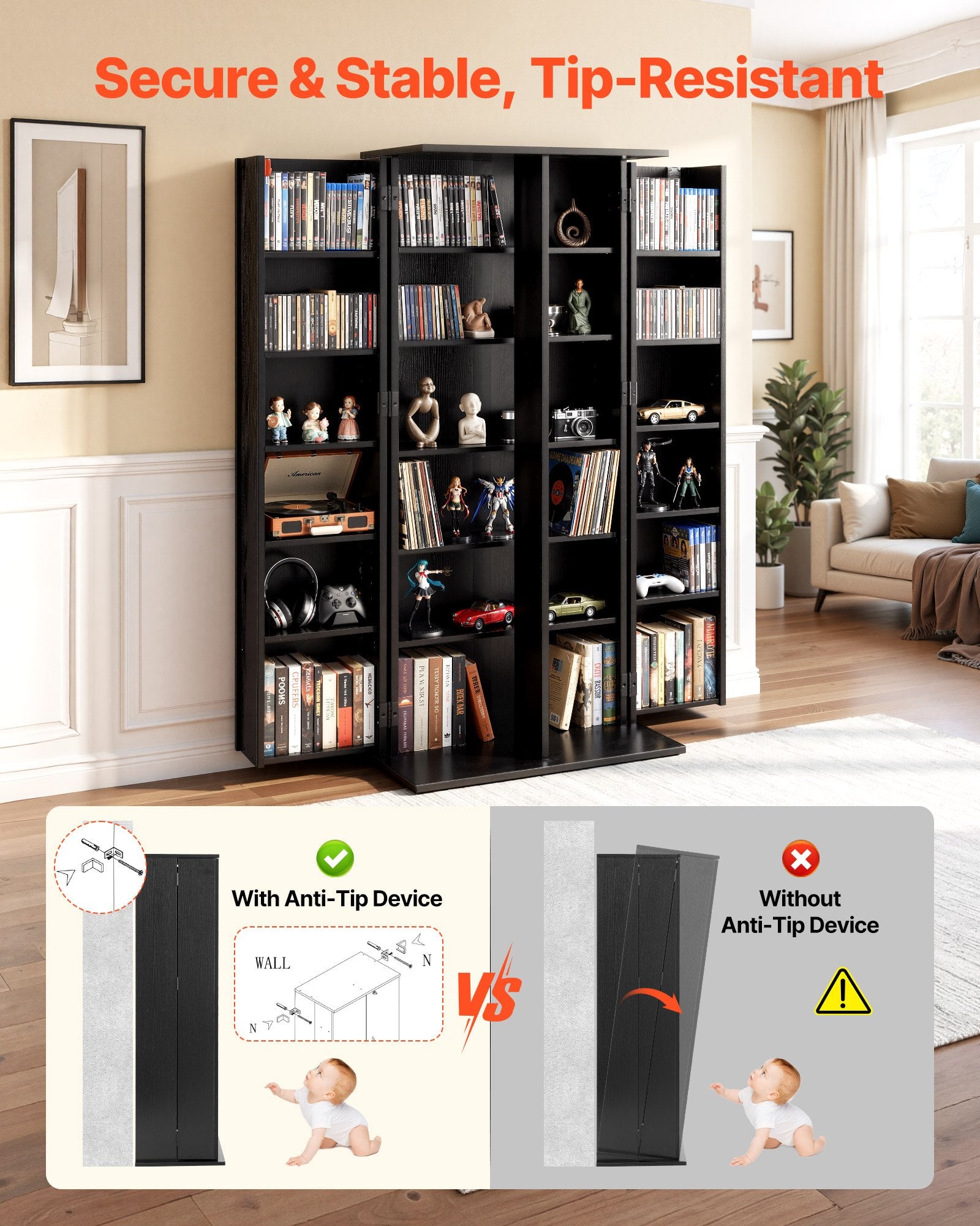 6-Tier Media Storage Cabinet: Black Multimedia Shelf Organizer for CDs, DVDs, Books & Games, Ideal for Living Room & Home Office, 50" Tall