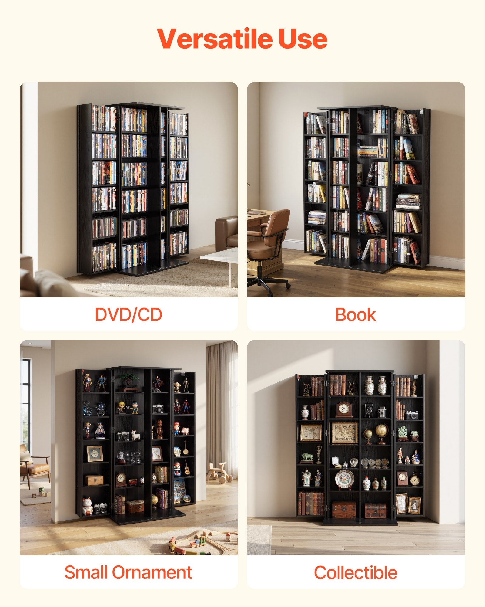 6-Tier Media Storage Cabinet: Black Multimedia Shelf Organizer for CDs, DVDs, Books & Games, Ideal for Living Room & Home Office, 50" Tall