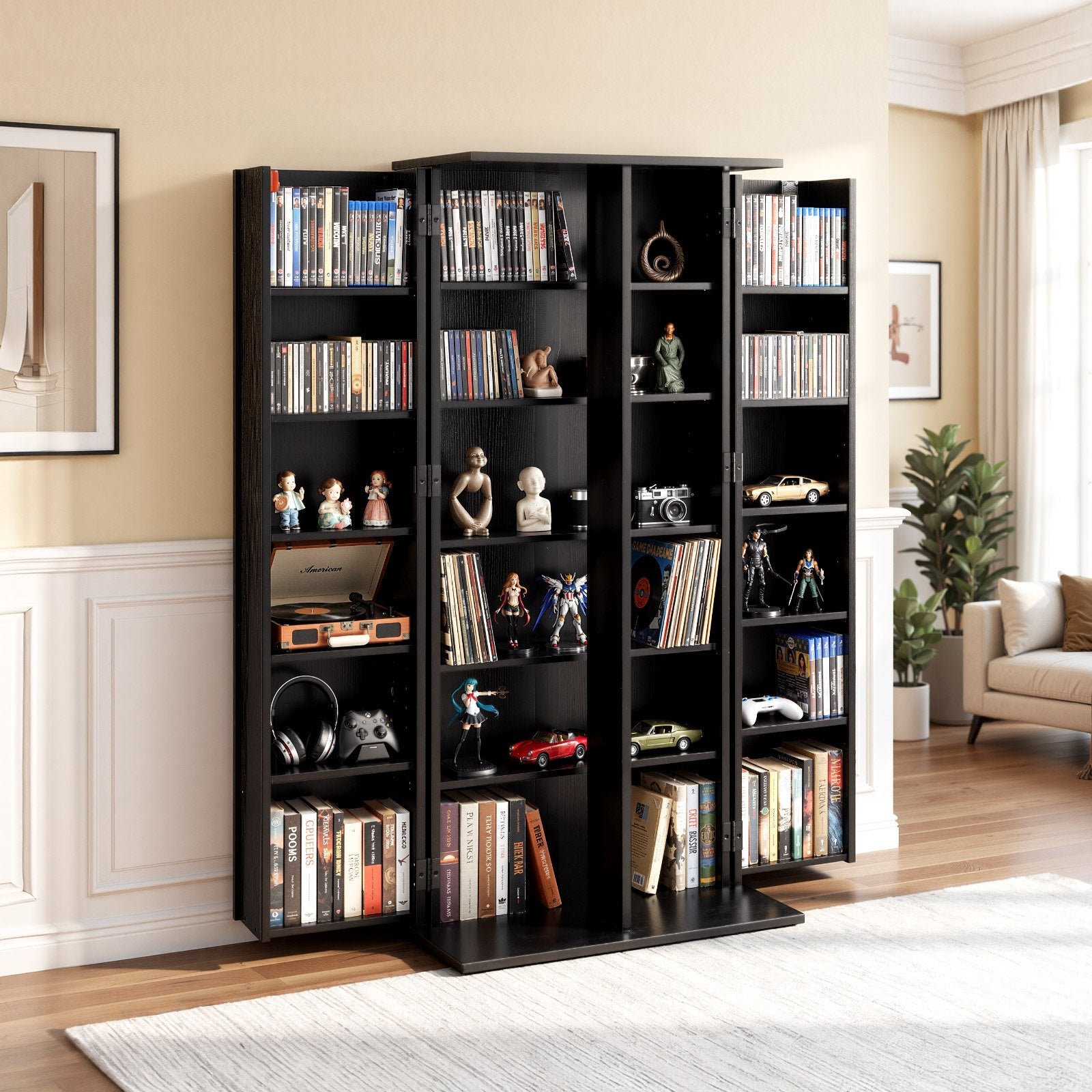 6-Tier Media Storage Cabinet: Black Multimedia Shelf Organizer for CDs, DVDs, Books & Games, Ideal for Living Room & Home Office, 50" Tall