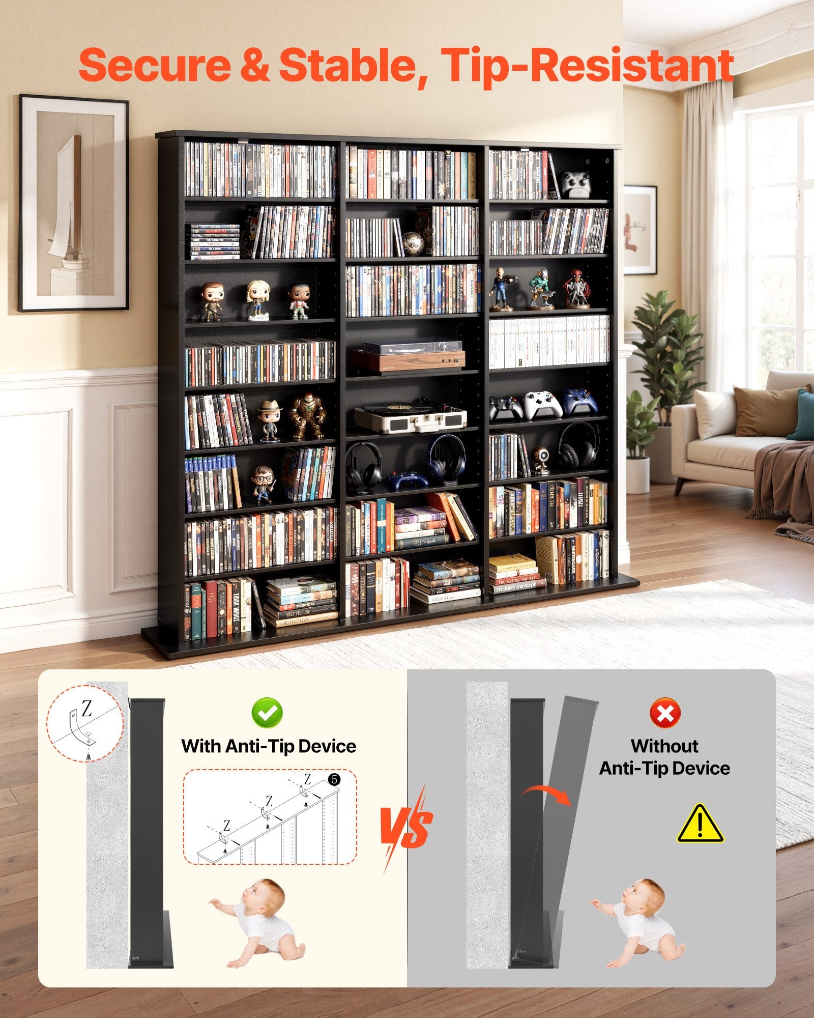 8-Tier Media Storage Cabinet for CDs, DVDs, Books & Games - Black Multimedia Organizer for Living Room, Home Office, Recording Room, Efficient & Versatile Storage Solution