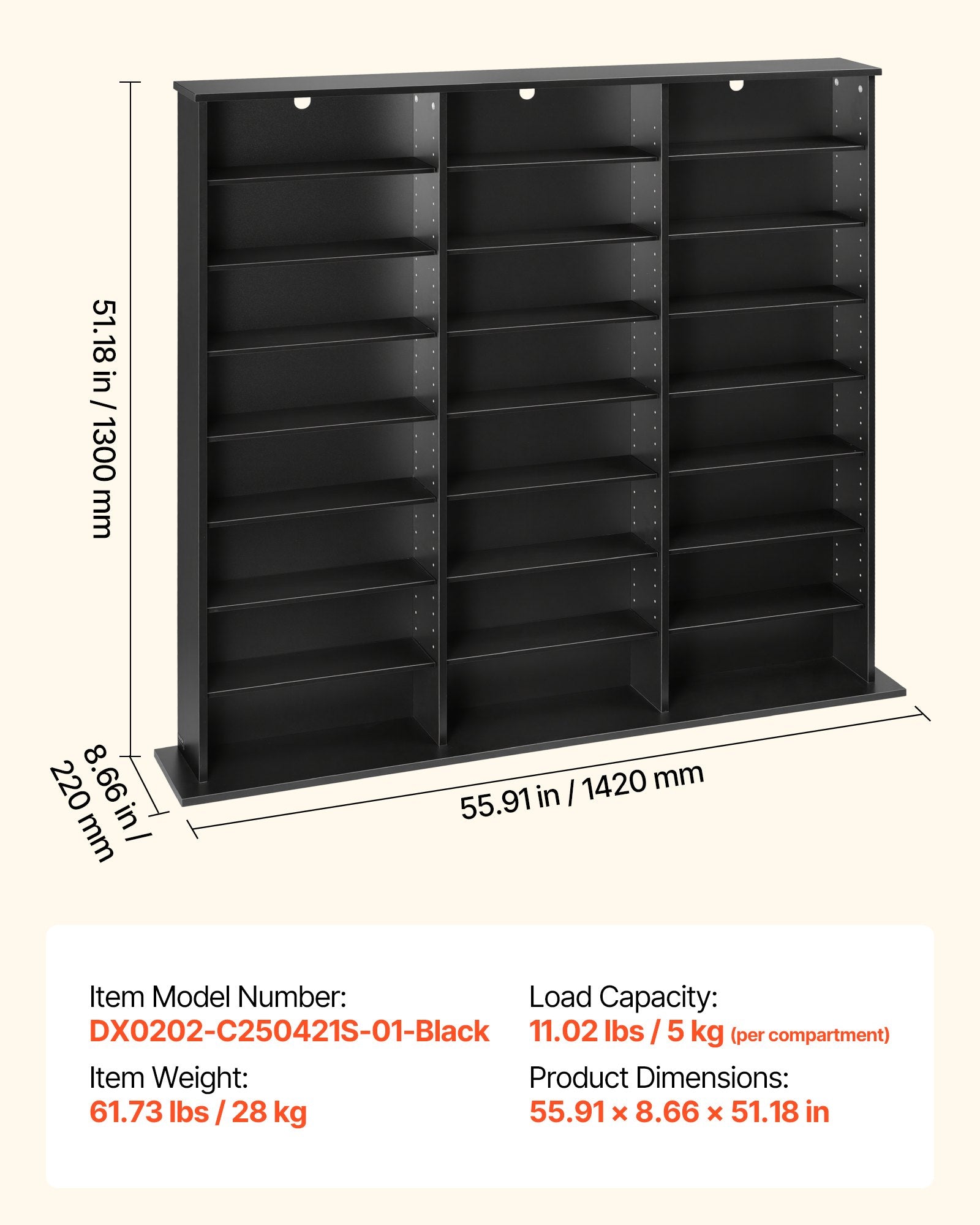 8-Tier Media Storage Cabinet for CDs, DVDs, Books & Games - Black Multimedia Organizer for Living Room, Home Office, Recording Room, Efficient & Versatile Storage Solution