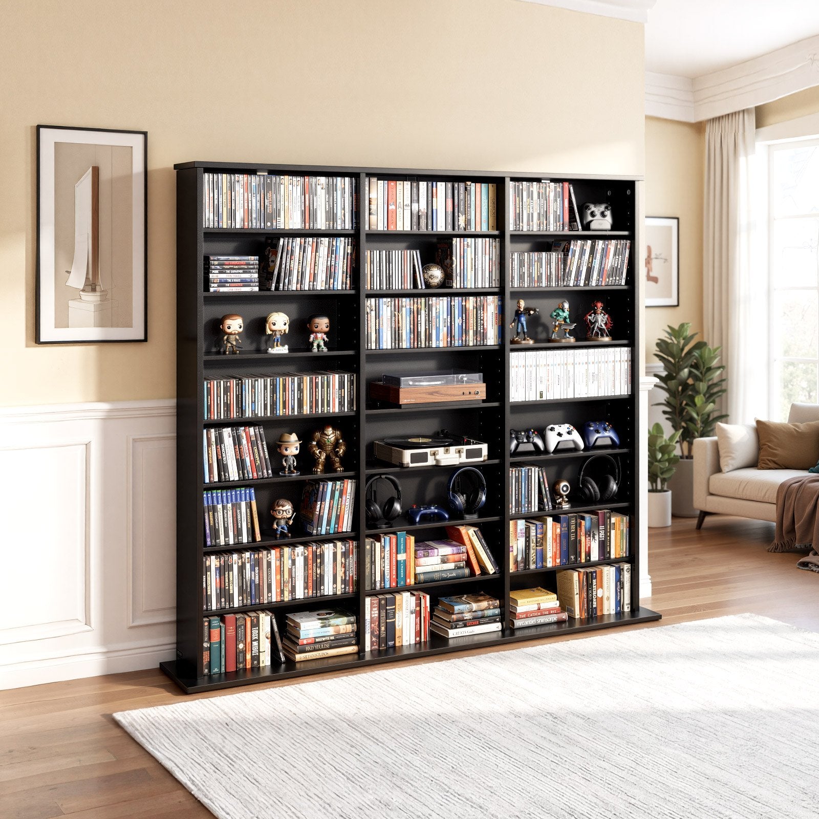 8-Tier Media Storage Cabinet for CDs, DVDs, Books & Games - Black Multimedia Organizer for Living Room, Home Office, Recording Room, Efficient & Versatile Storage Solution
