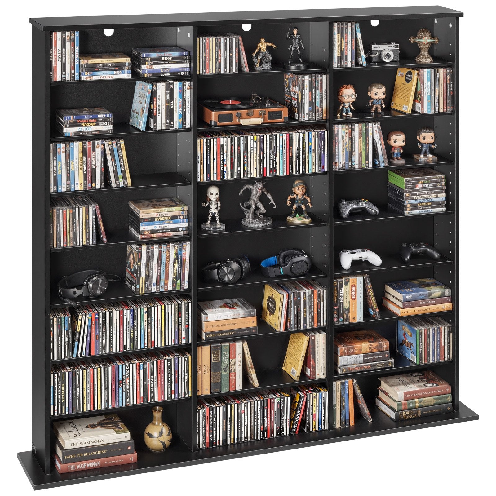 8-Tier Media Storage Cabinet for CDs, DVDs, Books & Games - Black Multimedia Organizer for Living Room, Home Office, Recording Room, Efficient & Versatile Storage Solution