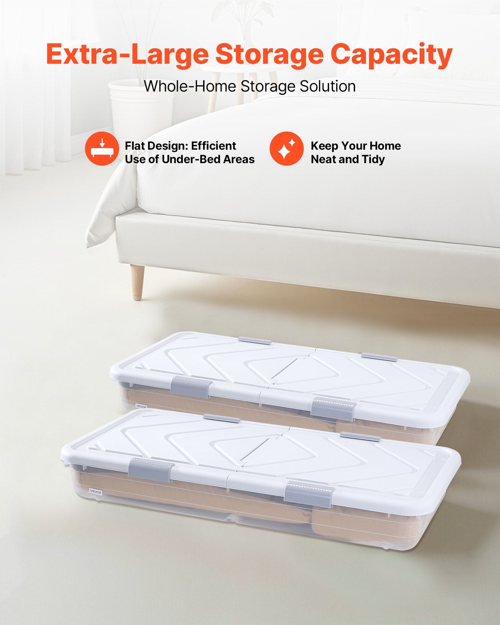 Rolling Underbed Storage Bins with Wheels, 2 Pack - Organize Clothes, Shoes, Blankets with Lid & Gray Latch, 39.8x20.1x5.9 Inches, 57L Capacity