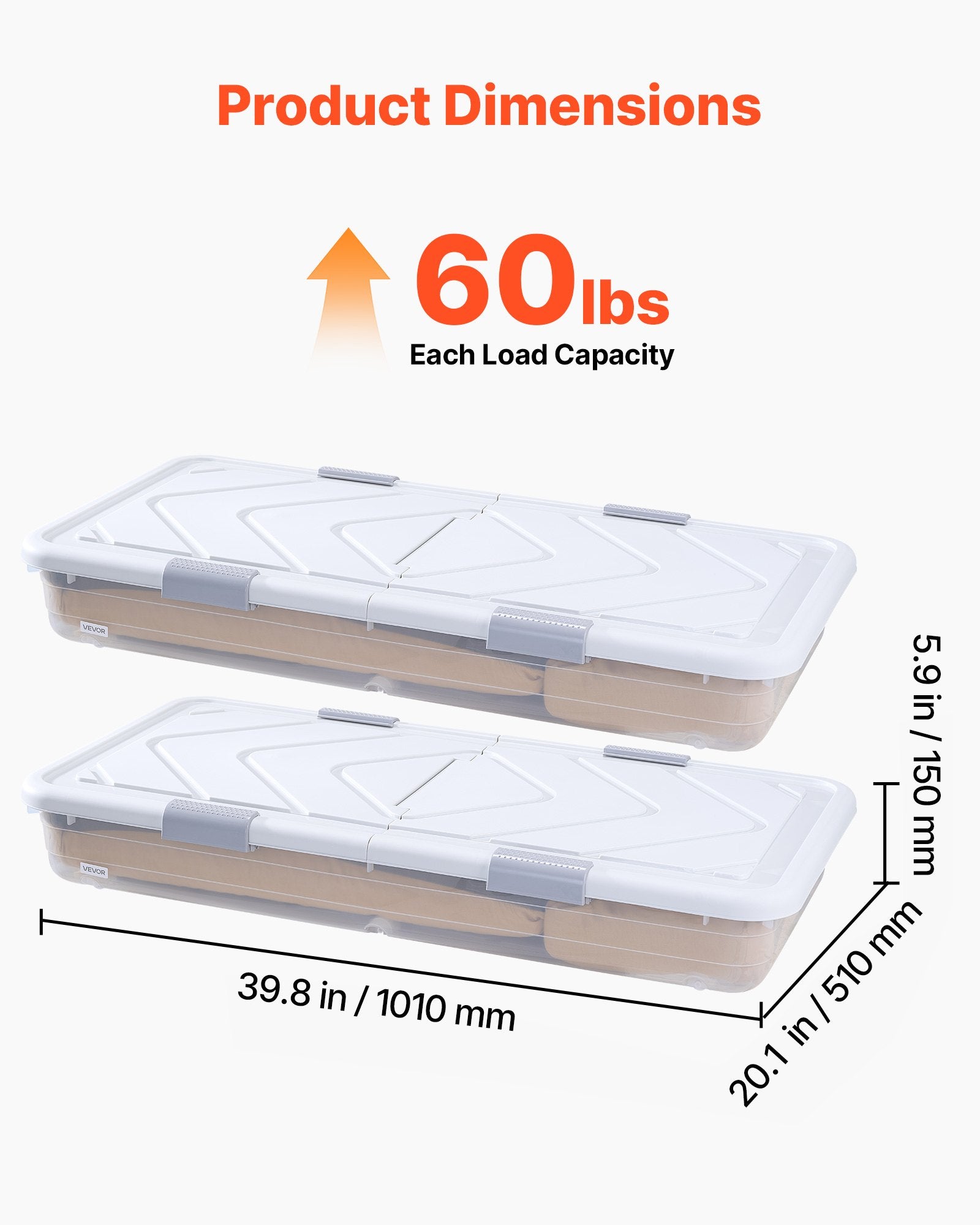 Rolling Underbed Storage Bins with Wheels, 2 Pack - Organize Clothes, Shoes, Blankets with Lid & Gray Latch, 39.8x20.1x5.9 Inches, 57L Capacity