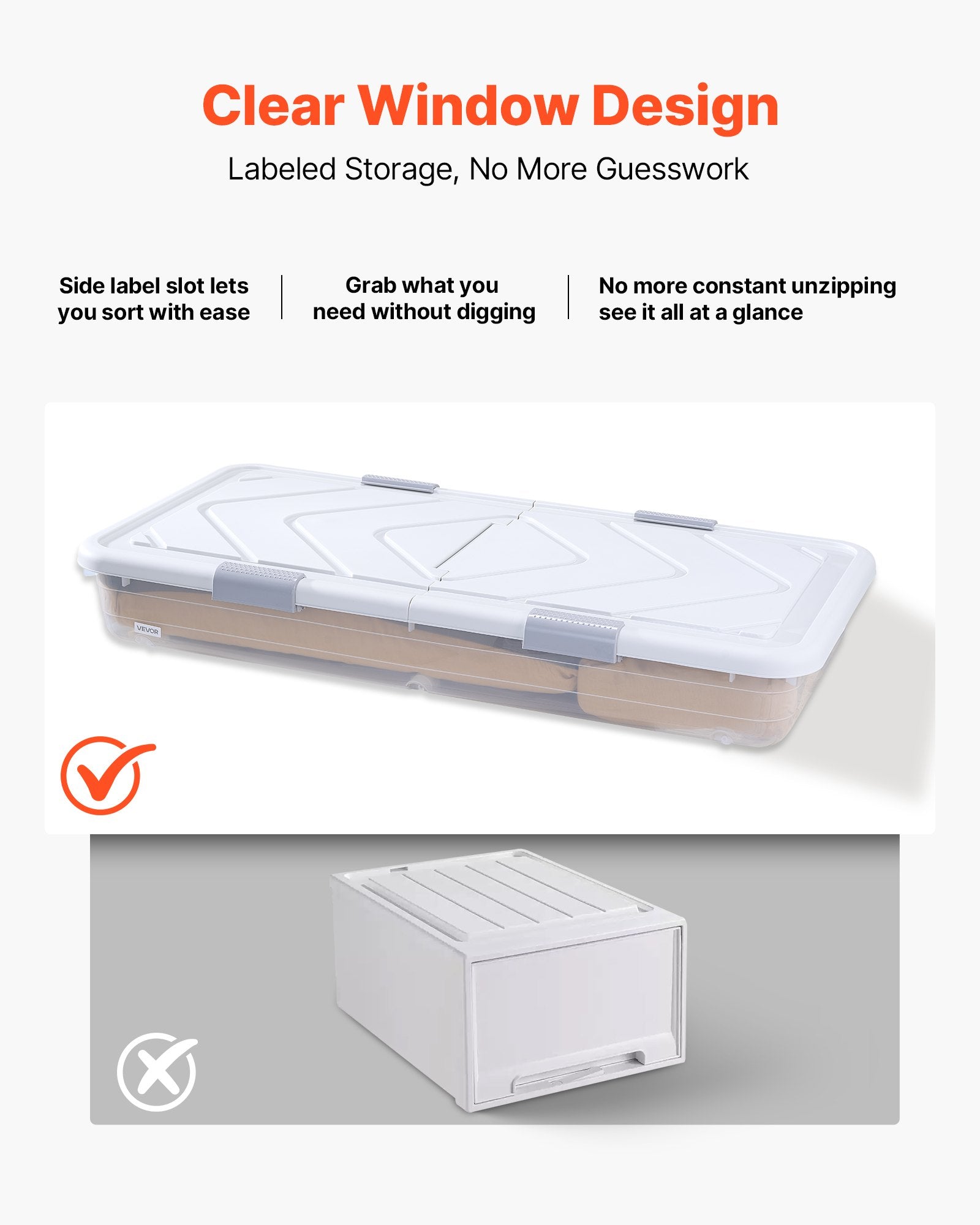 Rolling Underbed Storage Bins with Wheels, 2 Pack - Organize Clothes, Shoes, Blankets with Lid & Gray Latch, 39.8x20.1x5.9 Inches, 57L Capacity
