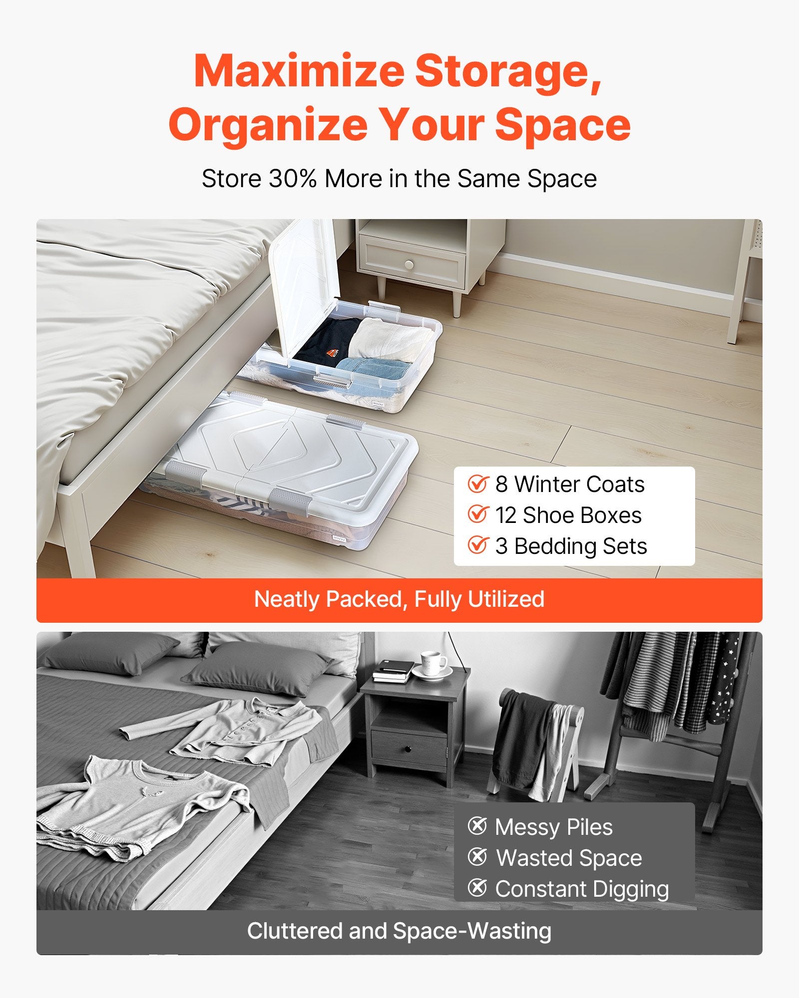 Rolling Underbed Storage Bins with Wheels, 2 Pack - Organize Clothes, Shoes, Blankets with Lid & Gray Latch, 39.8x20.1x5.9 Inches, 57L Capacity