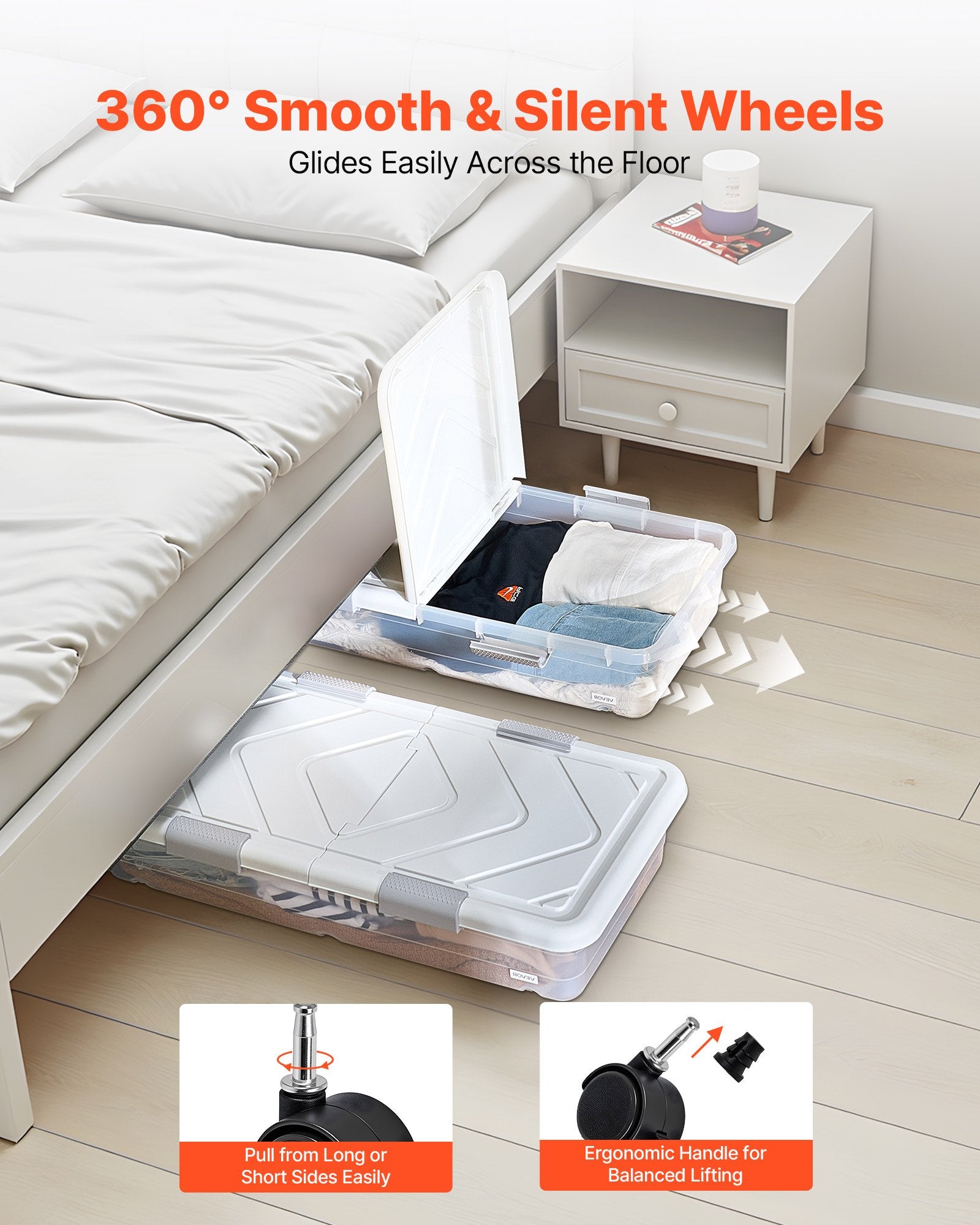 Rolling Underbed Storage Bins with Wheels, 2 Pack - Organize Clothes, Shoes, Blankets with Lid & Gray Latch, 39.8x20.1x5.9 Inches, 57L Capacity