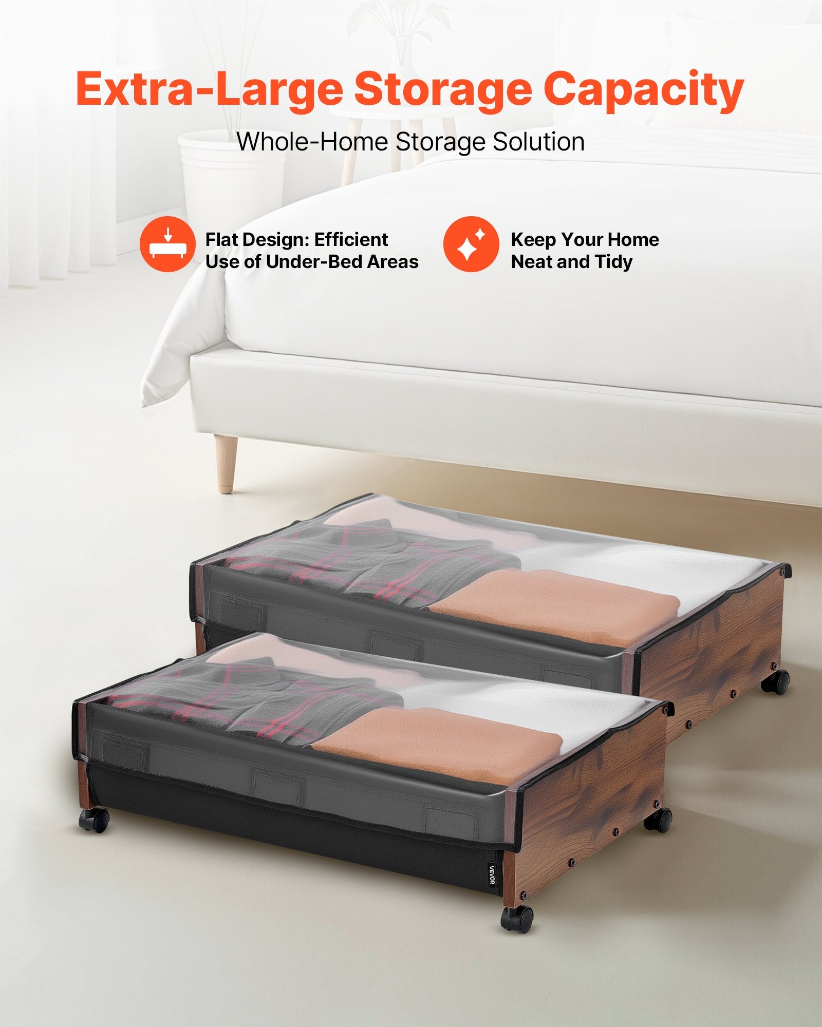 Rolling Under Bed Storage Bins with Lockable Wheels, 25.6 x 18.1 x 7.1 inch Containers for Shoes, Clothes, Blankets - Space-Saving Organizer, 2 Pack