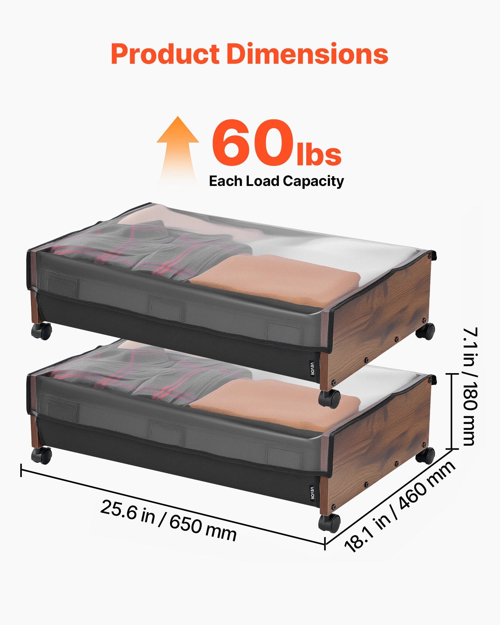 Rolling Under Bed Storage Bins with Lockable Wheels, 25.6 x 18.1 x 7.1 inch Containers for Shoes, Clothes, Blankets - Space-Saving Organizer, 2 Pack