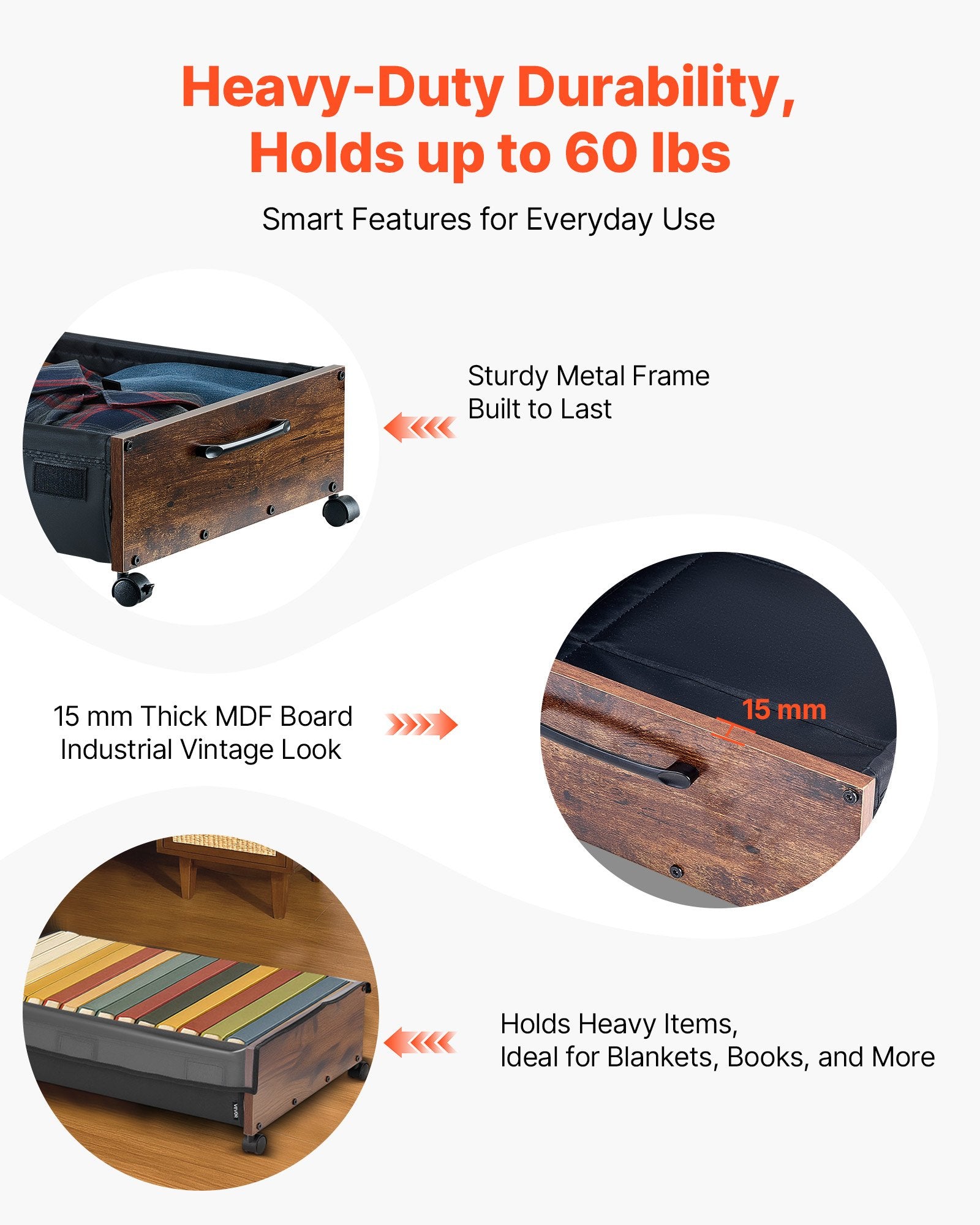 Rolling Under Bed Storage Bins with Lockable Wheels, 25.6 x 18.1 x 7.1 inch Containers for Shoes, Clothes, Blankets - Space-Saving Organizer, 2 Pack