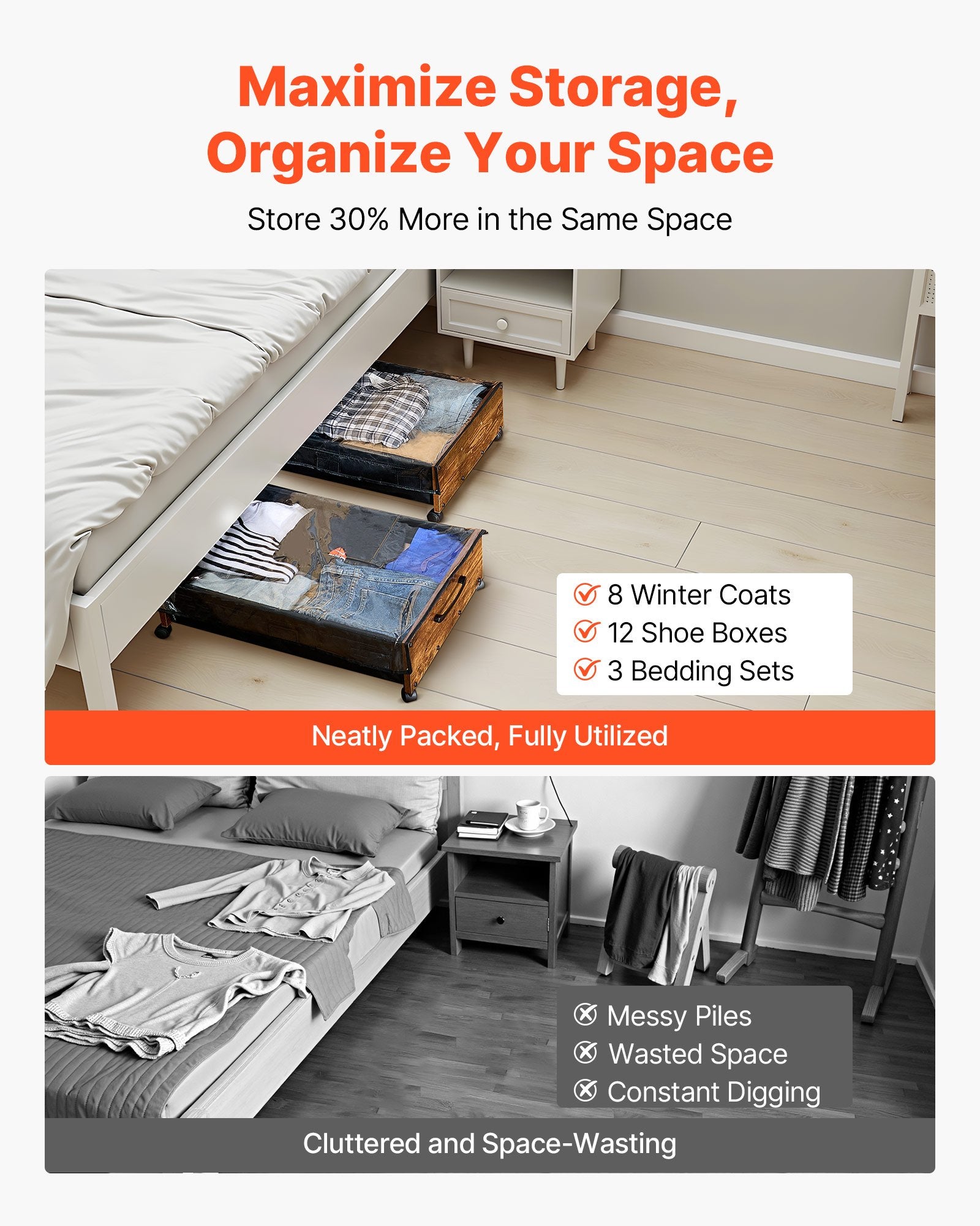Rolling Under Bed Storage Bins with Lockable Wheels, 25.6 x 18.1 x 7.1 inch Containers for Shoes, Clothes, Blankets - Space-Saving Organizer, 2 Pack