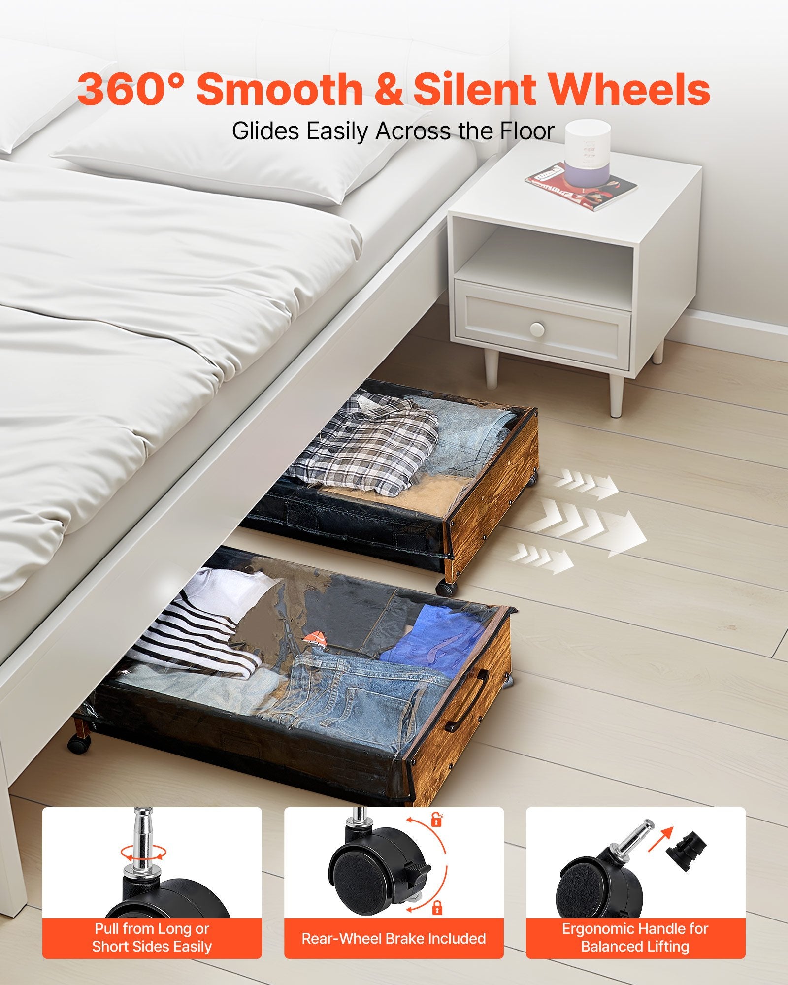 Rolling Under Bed Storage Bins with Lockable Wheels, 25.6 x 18.1 x 7.1 inch Containers for Shoes, Clothes, Blankets - Space-Saving Organizer, 2 Pack