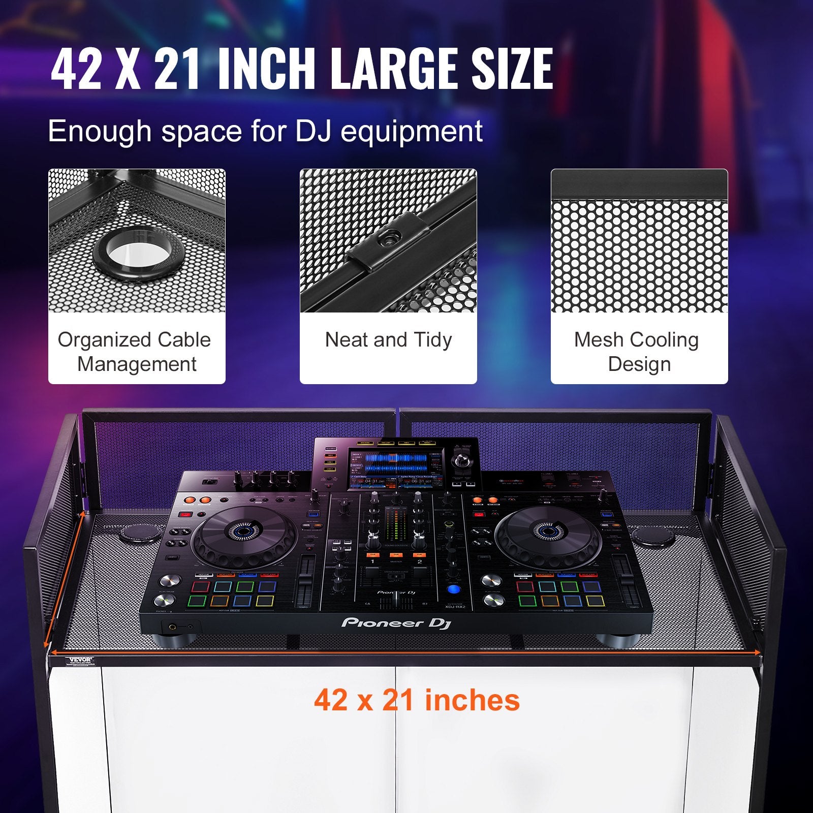 Portable DJ Booth Facade Table Station, 42"x21"x46" with Foldable Stand, Black & White Scrims, Cable Hole, Carry Bag, Zinc Alloy Steel