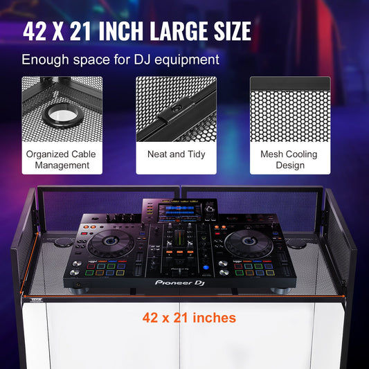 Portable DJ Booth Facade Table Station, 42"x21"x46" with Foldable Stand, Black & White Scrims, Cable Hole, Carry Bag, Zinc Alloy Steel
