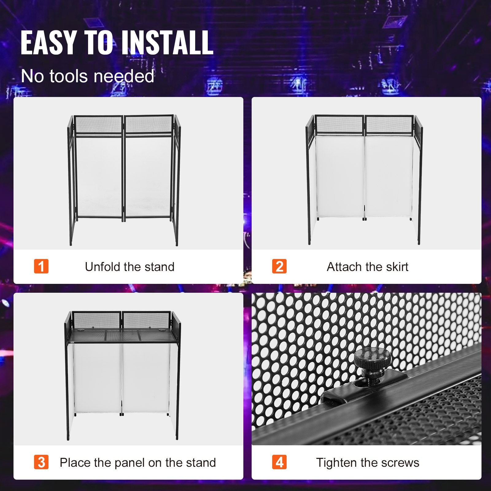 Portable DJ Booth Facade Table Station, 42"x21"x46" with Foldable Stand, Black & White Scrims, Cable Hole, Carry Bag, Zinc Alloy Steel